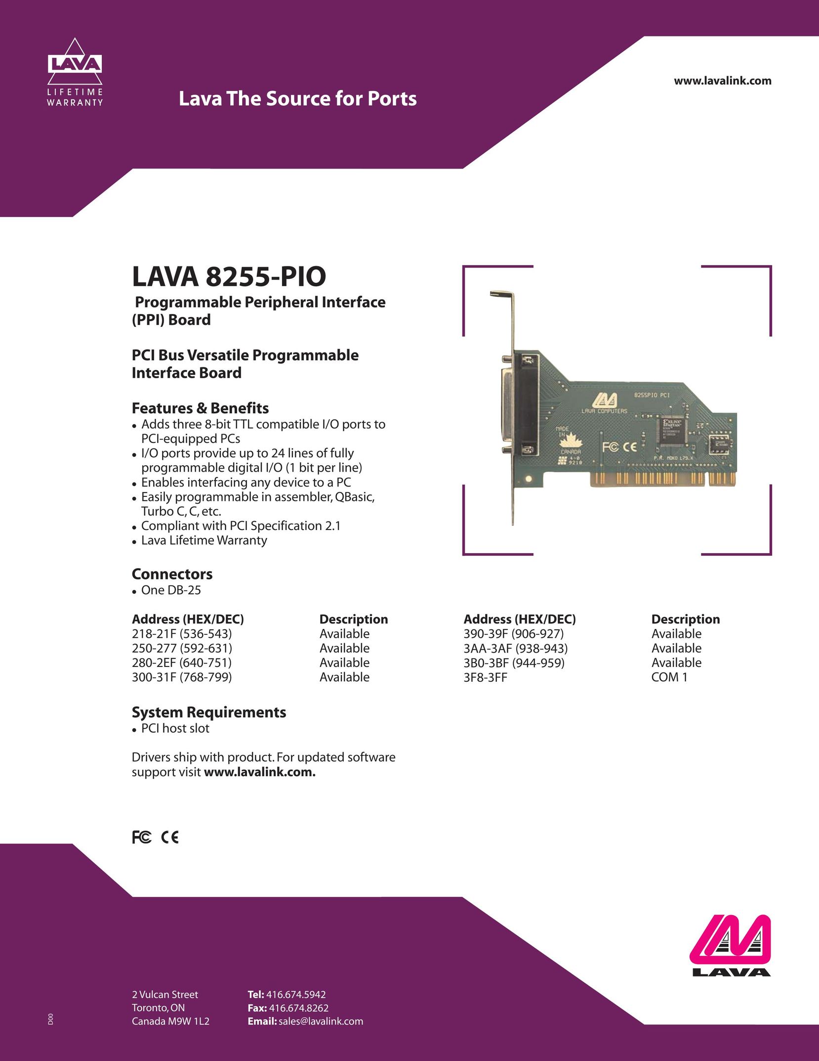 Lava Computer LAVA 8255-PIO Computer Hardware User Manual