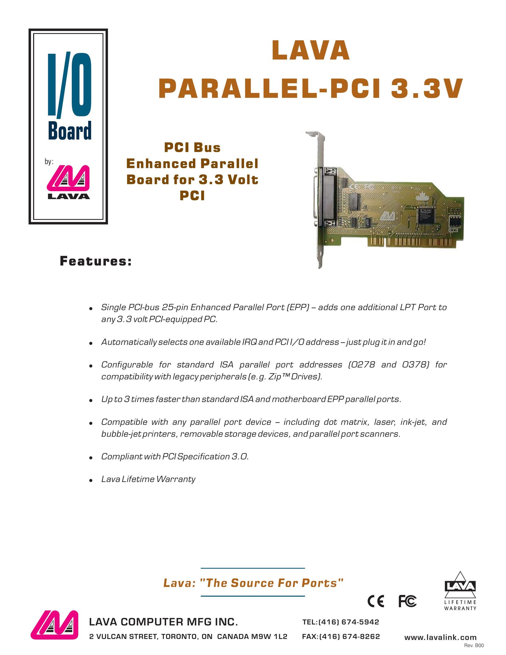 Lava Computer PCI Bus Enhanced Parallel Board Computer Hardware User Manual
