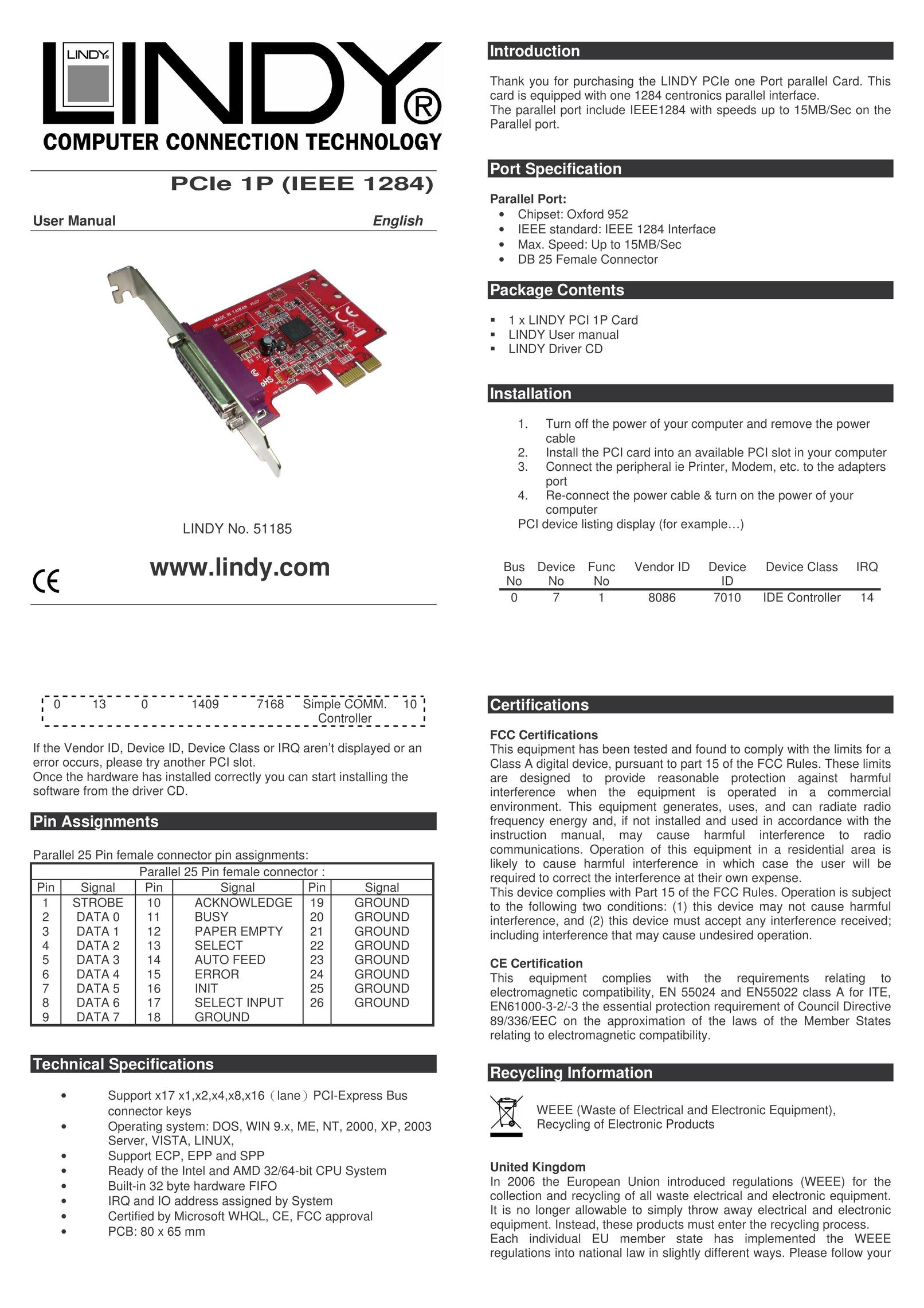 Lindy 51185 Computer Hardware User Manual