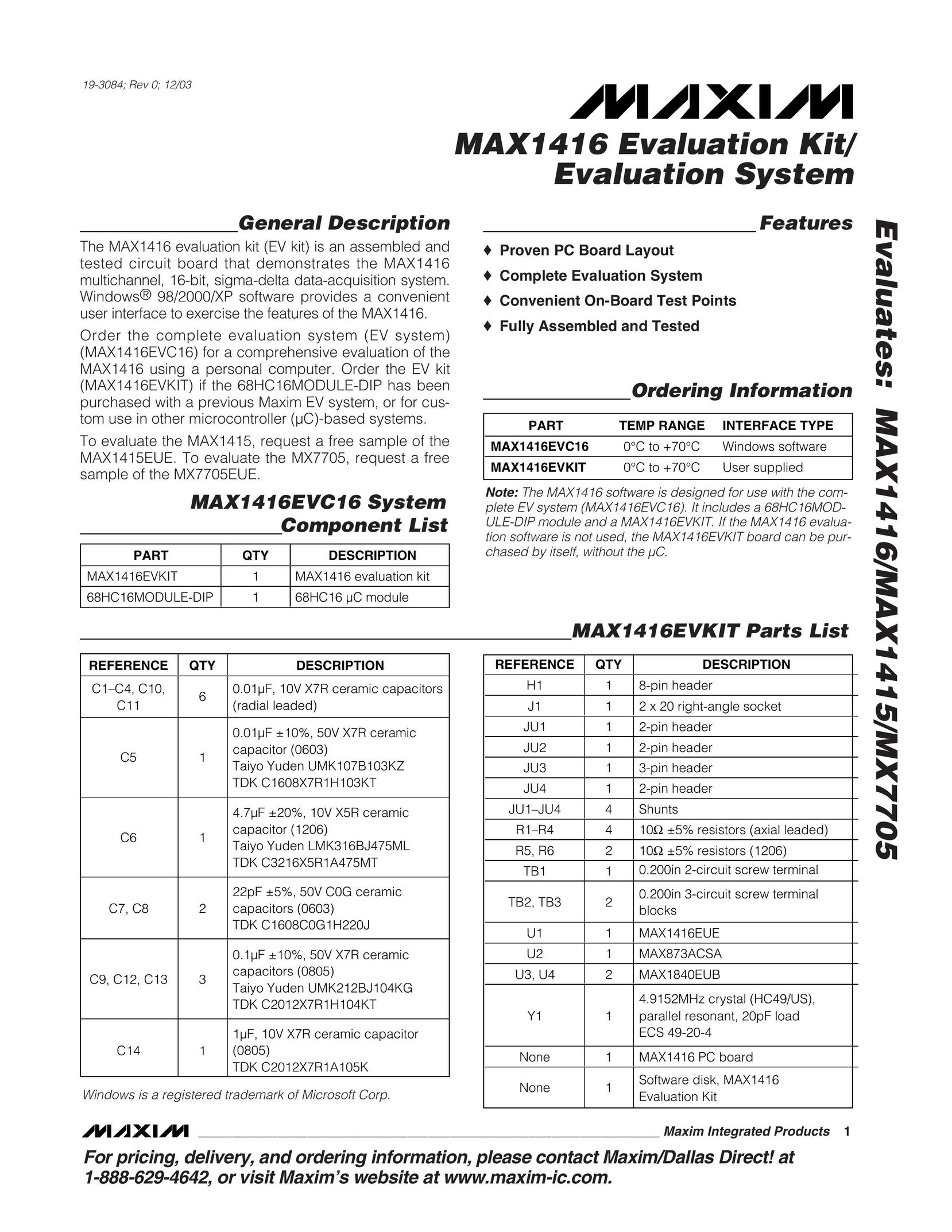 Maxim MAX1416EVC16 Computer Hardware User Manual