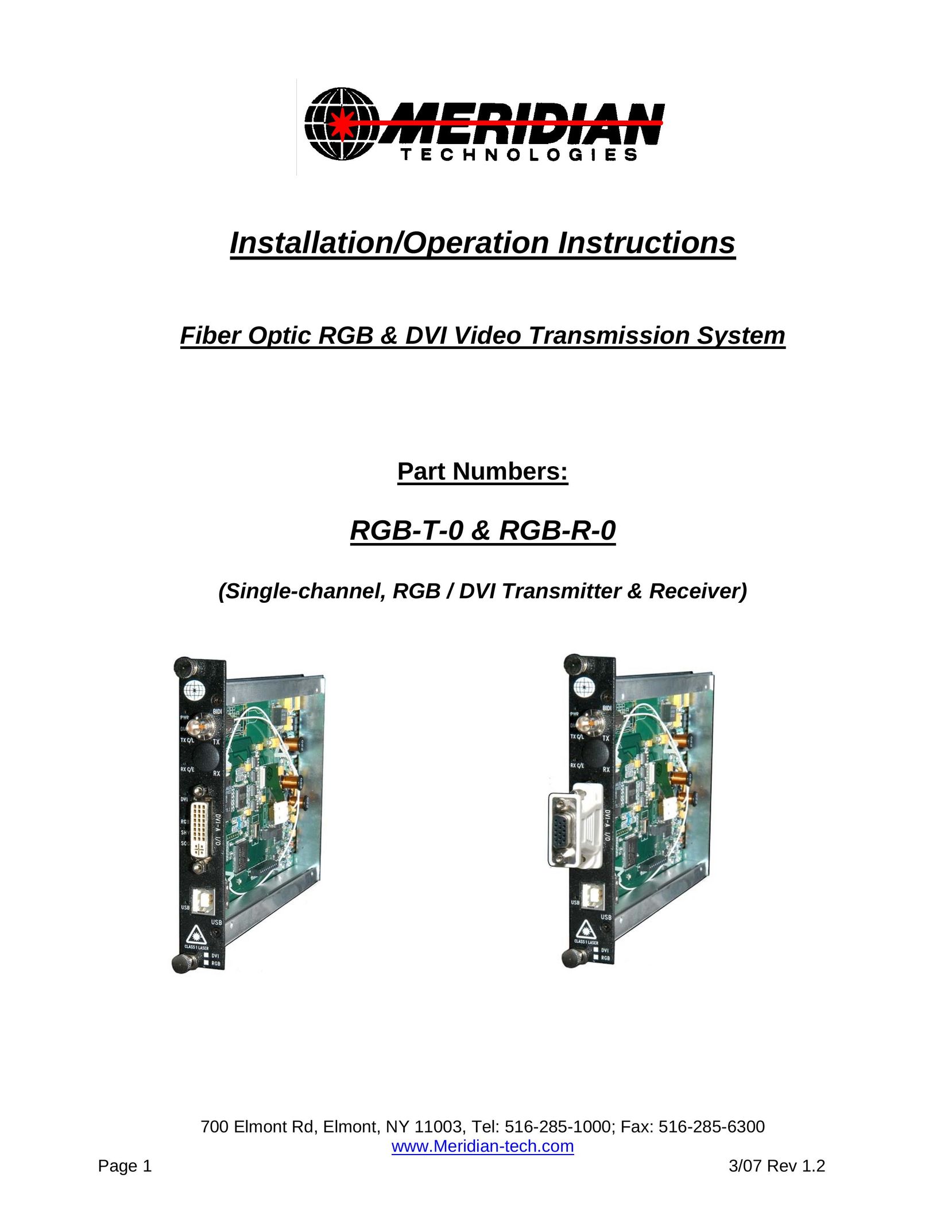 Meridian America Single--channel, RGB/DVI transmitter & Receiver Computer Hardware User Manual