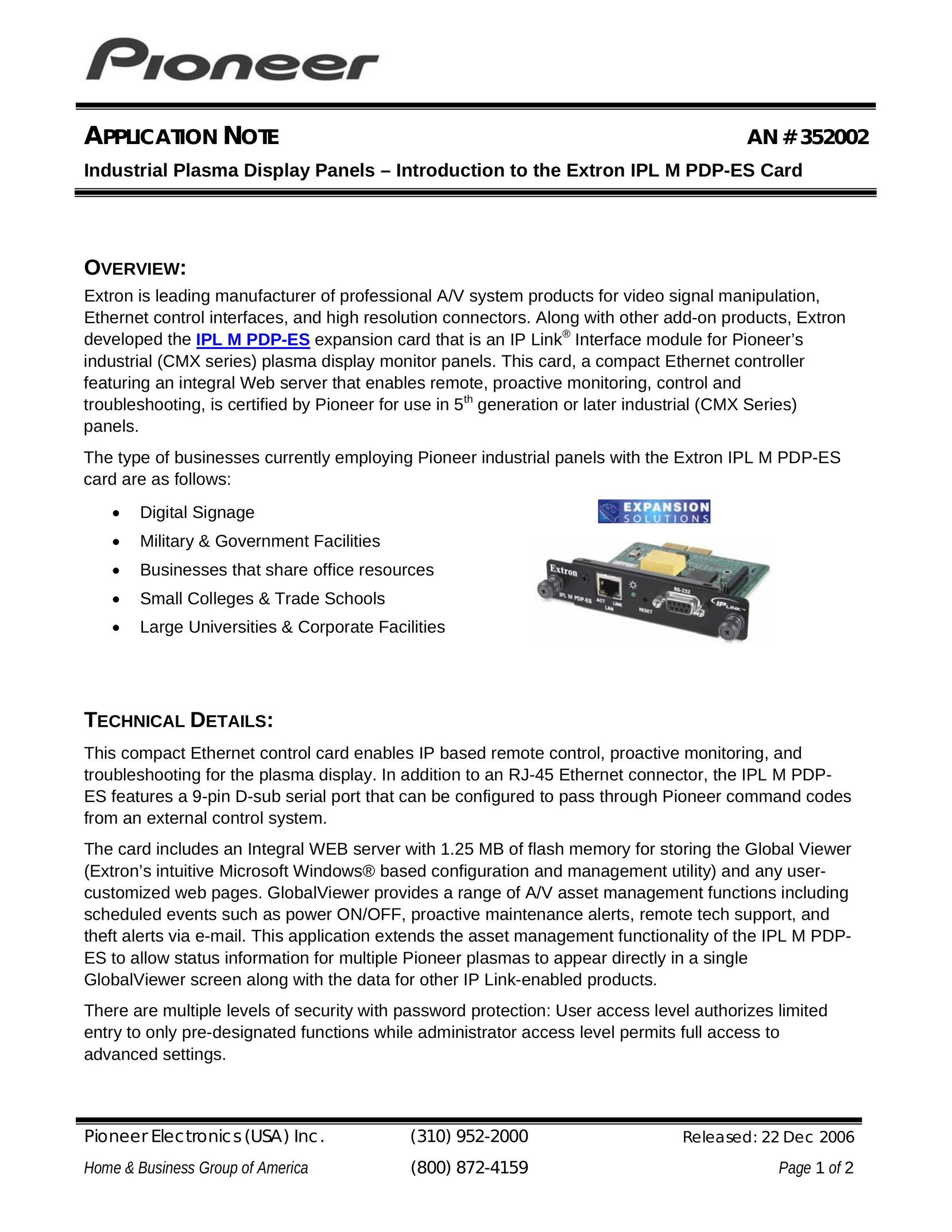 Pioneer IPL M PDP-ES Computer Hardware User Manual