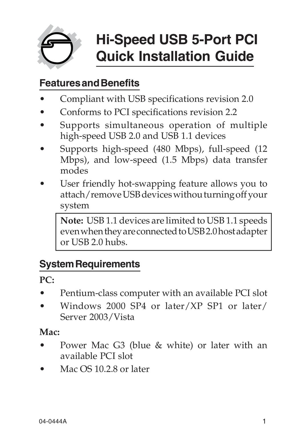 SIIG 04-0444A Computer Hardware User Manual
