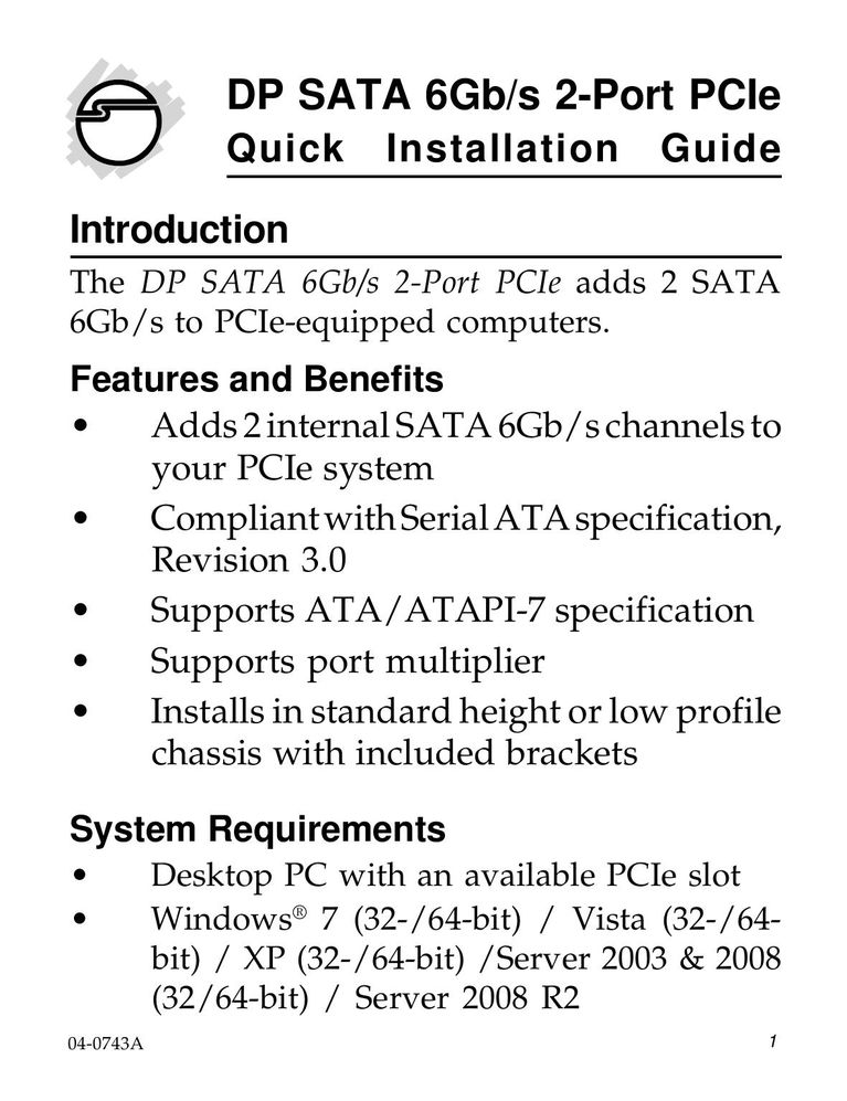 SIIG 04-0743A Computer Hardware User Manual