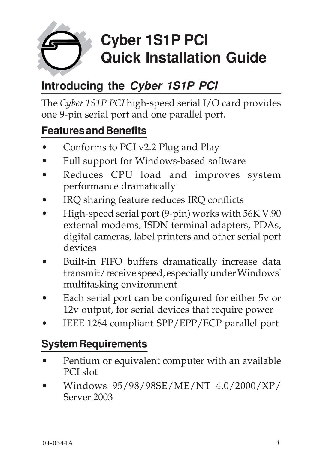 SIIG 1S1P PCI Computer Hardware User Manual