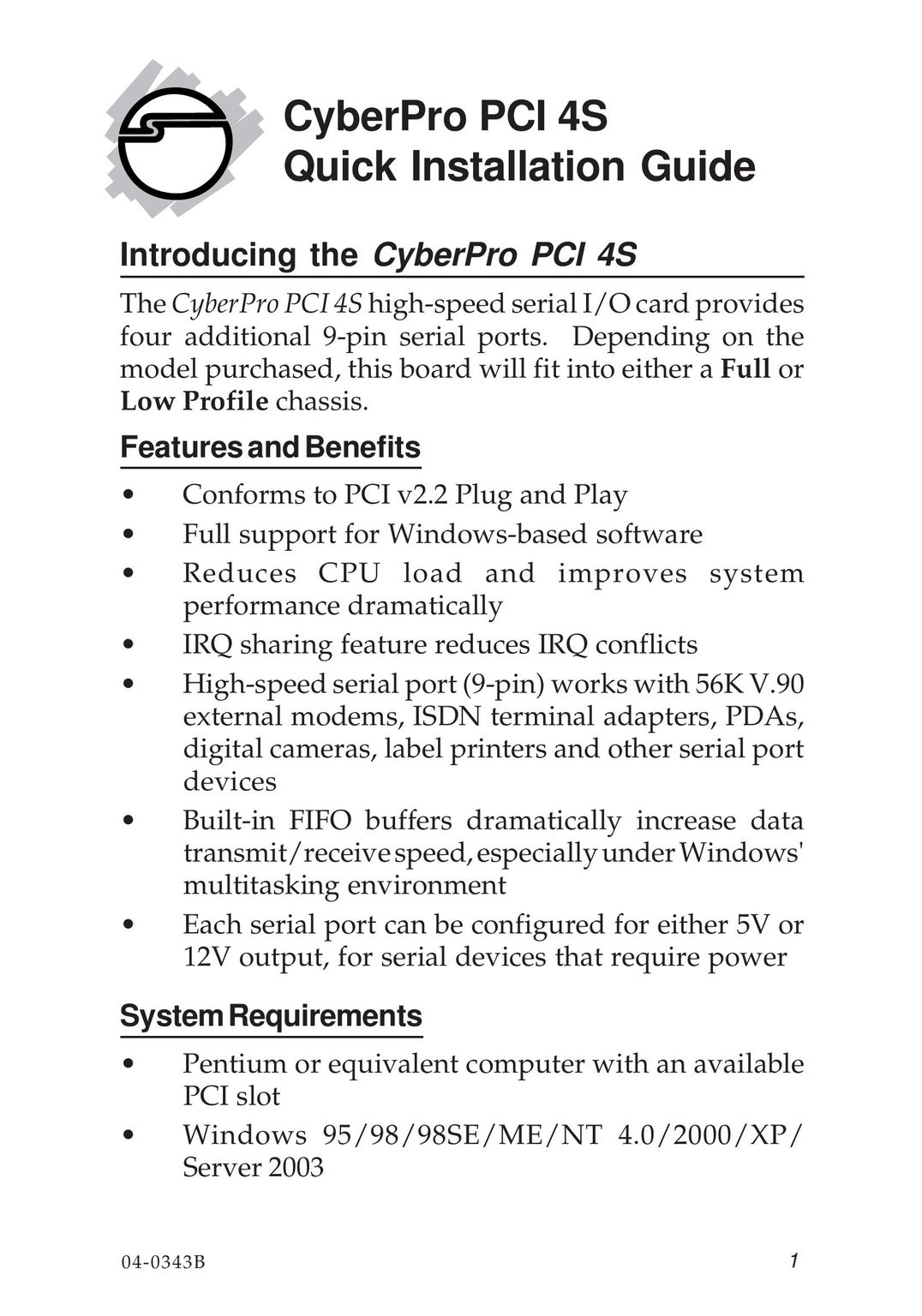 SIIG PCI 4S Computer Hardware User Manual