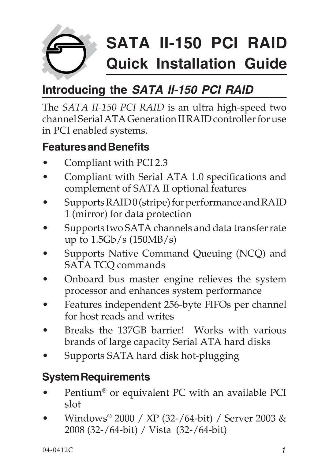 SIIG SATA II-150 Computer Hardware User Manual