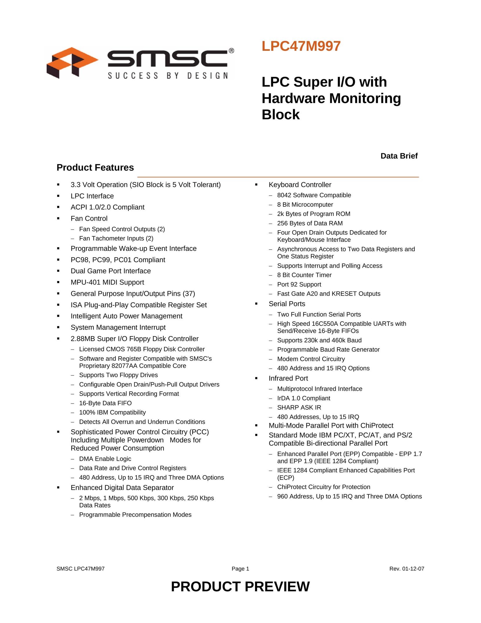SMSC LPC47M997 Computer Hardware User Manual