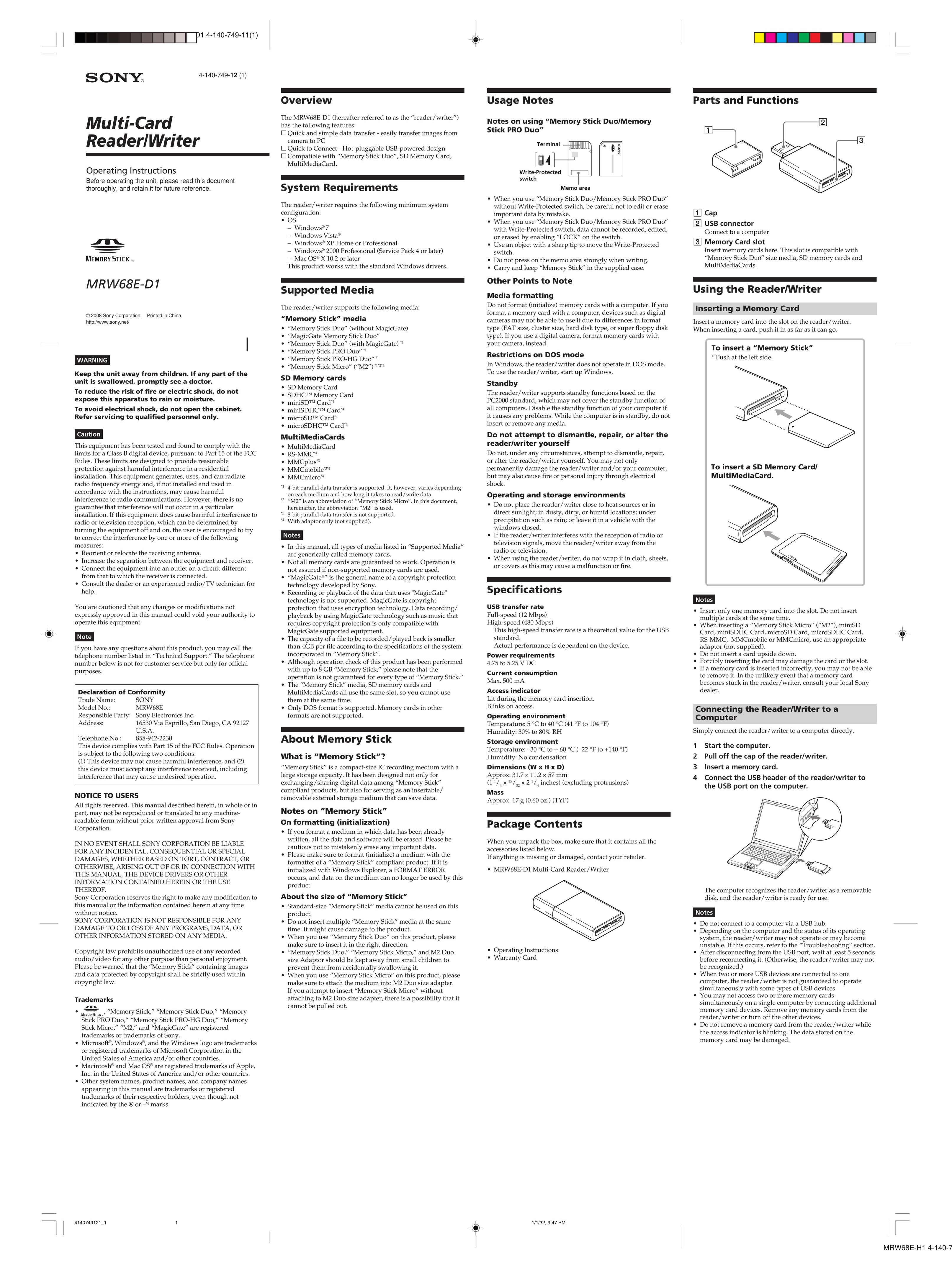 Sony MRW68ED1181 Computer Hardware User Manual