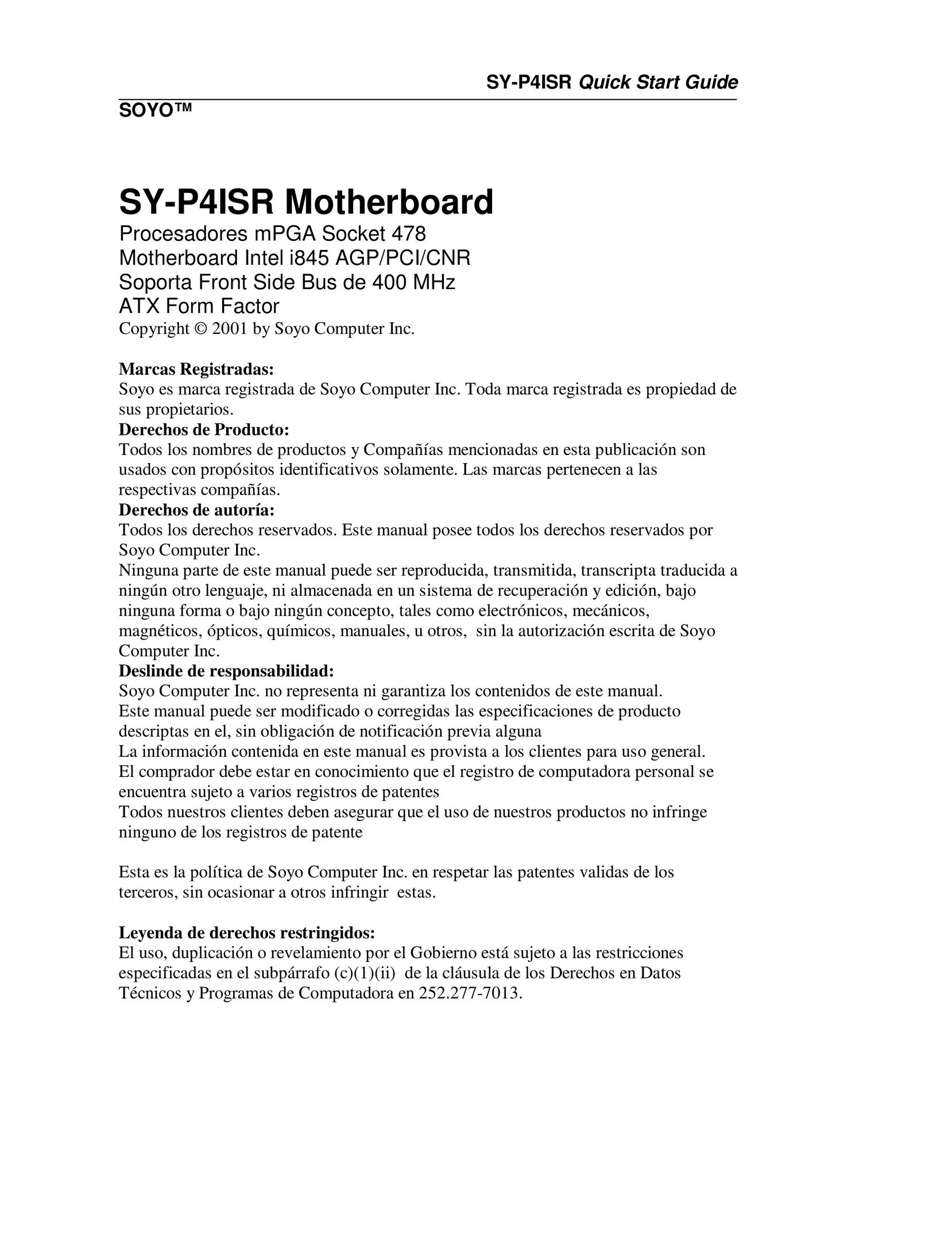 SOYO SOYO Motherboard Computer Hardware User Manual