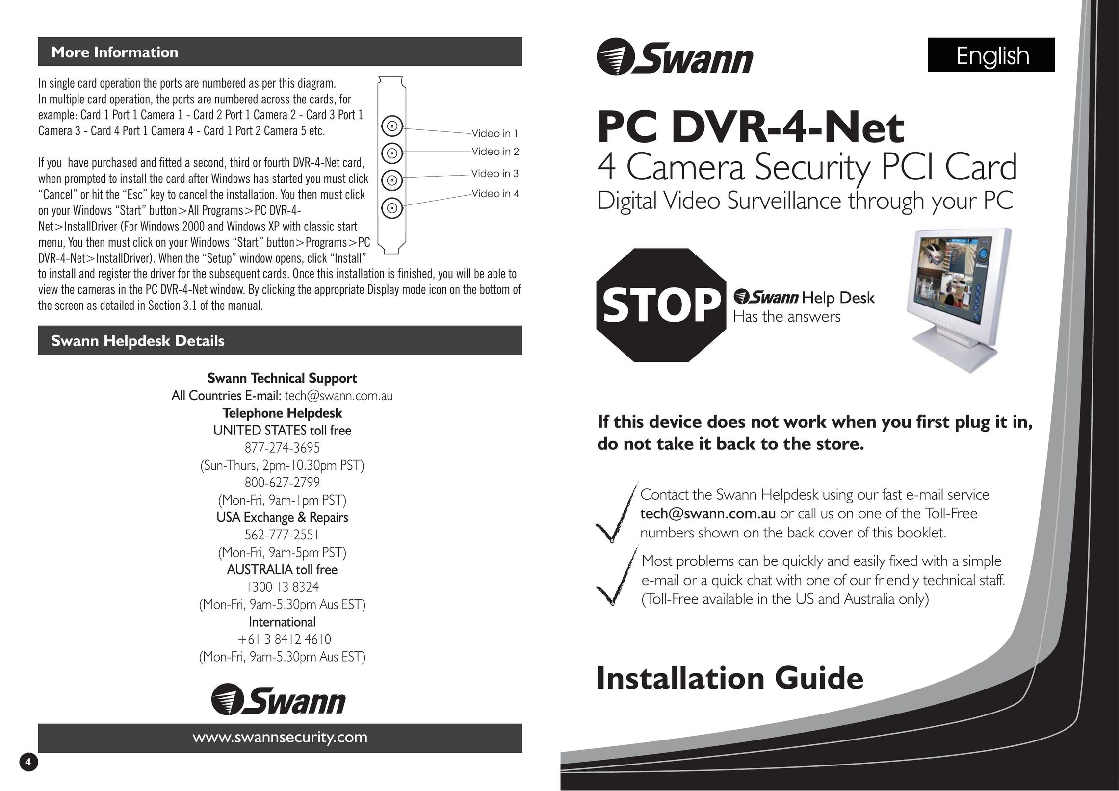 Swann PC DVR-4-Net Computer Hardware User Manual