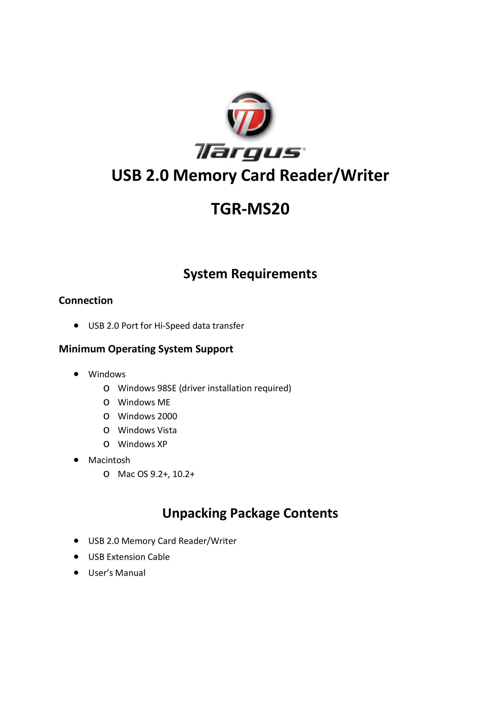 Targus TGRMS20 Computer Hardware User Manual