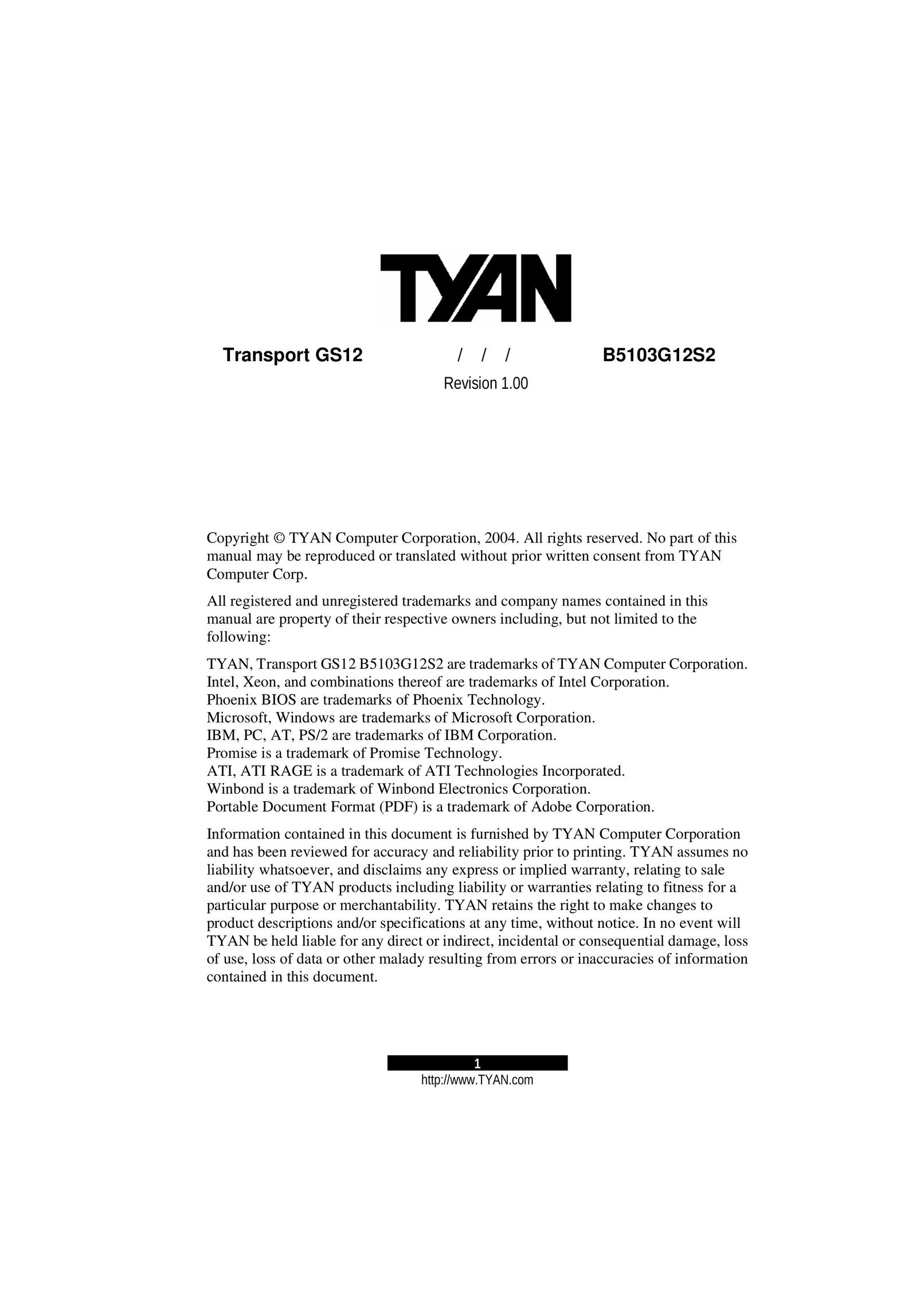 Tyan Computer B5103G12S2 Computer Hardware User Manual