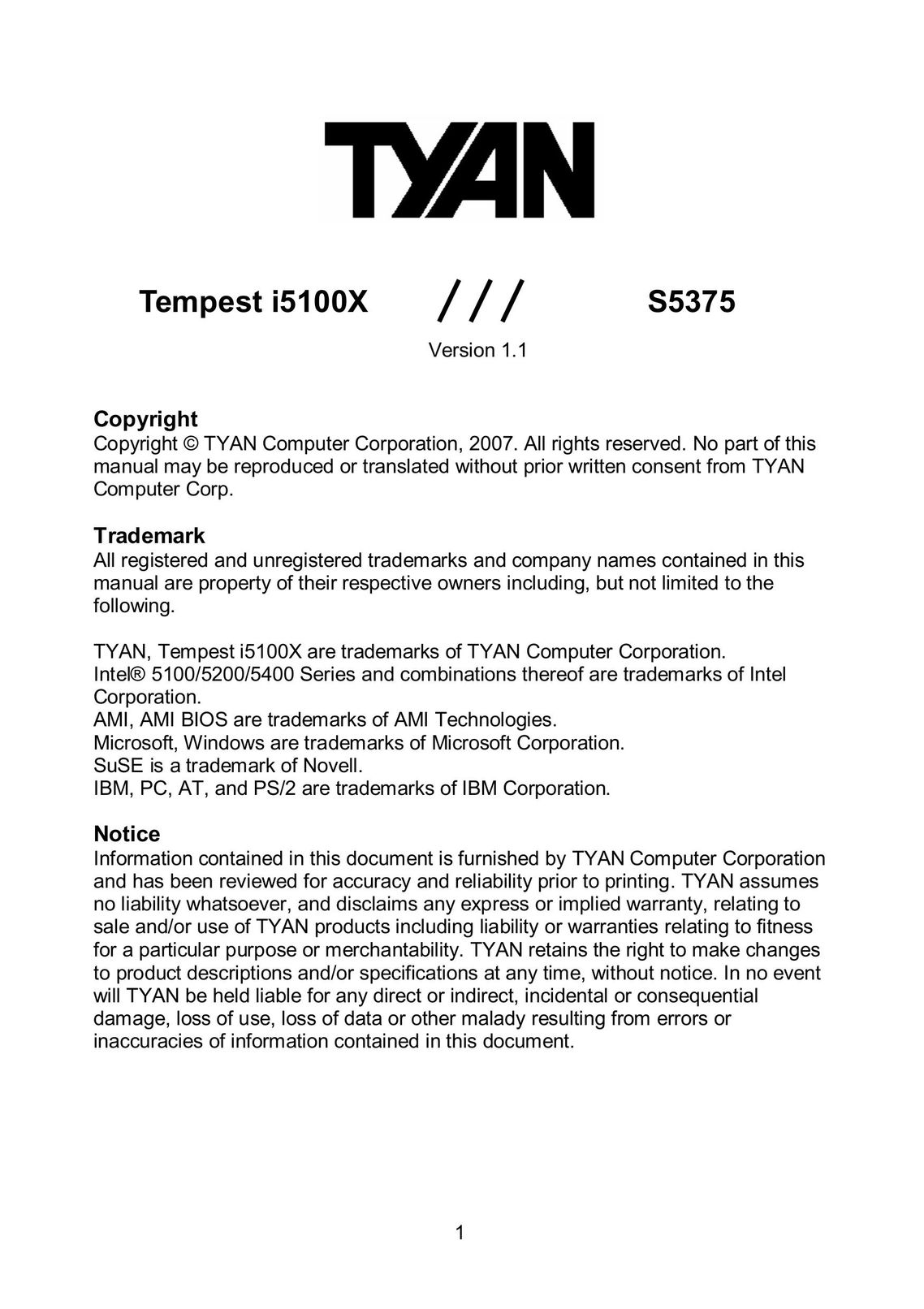 Tyan Computer I5100X Computer Hardware User Manual