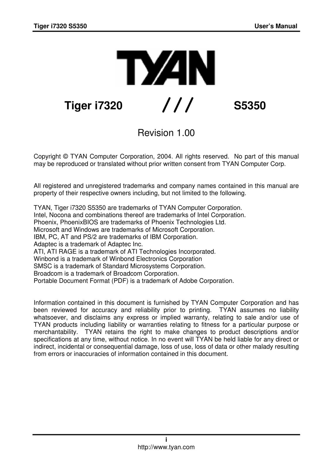 Tyan Computer I7320 Computer Hardware User Manual
