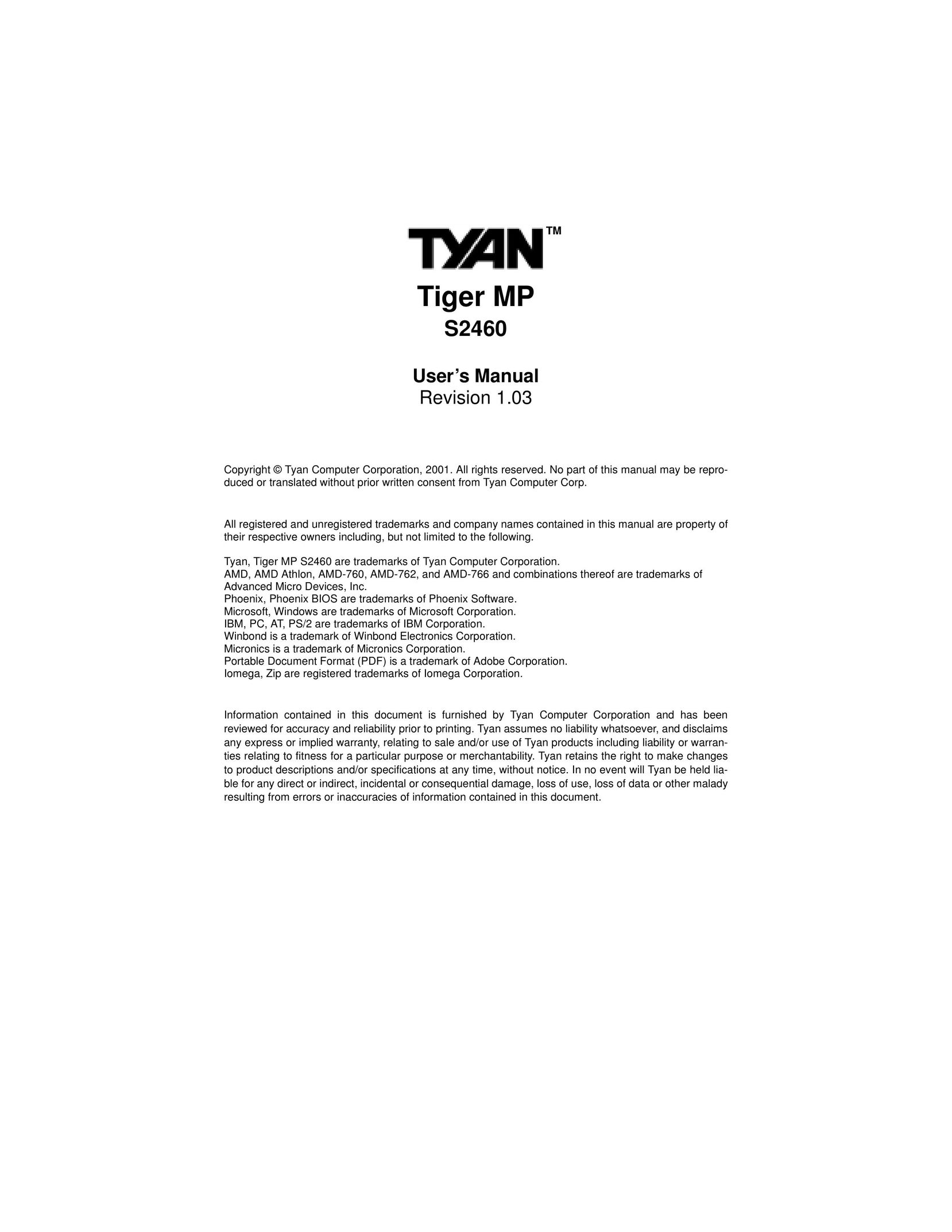 Tyan Computer S2460 Computer Hardware User Manual