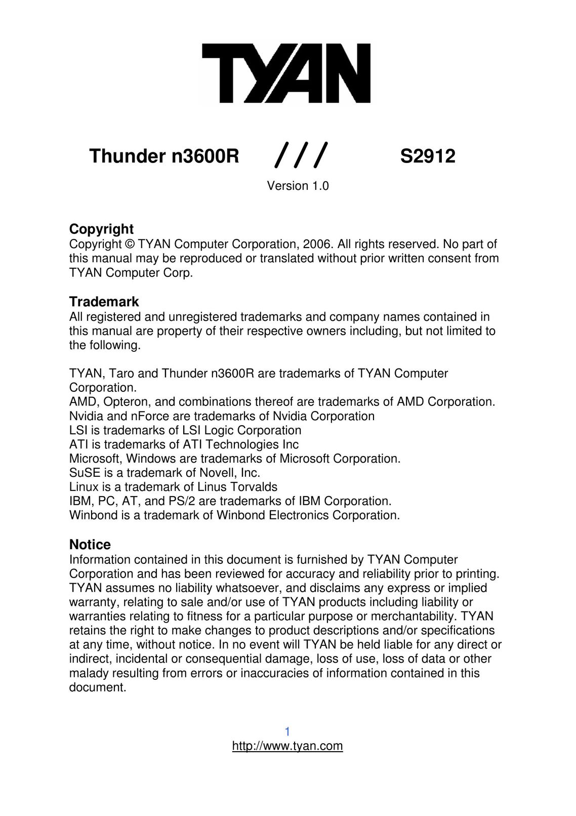 Tyan Computer S2912 Computer Hardware User Manual