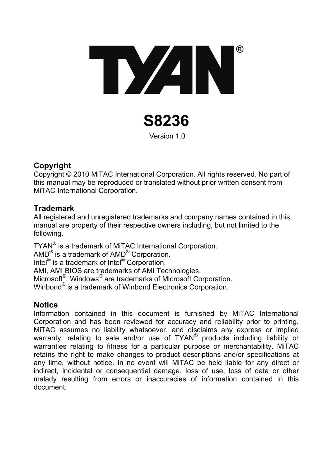 Tyan Computer S8236 Computer Hardware User Manual