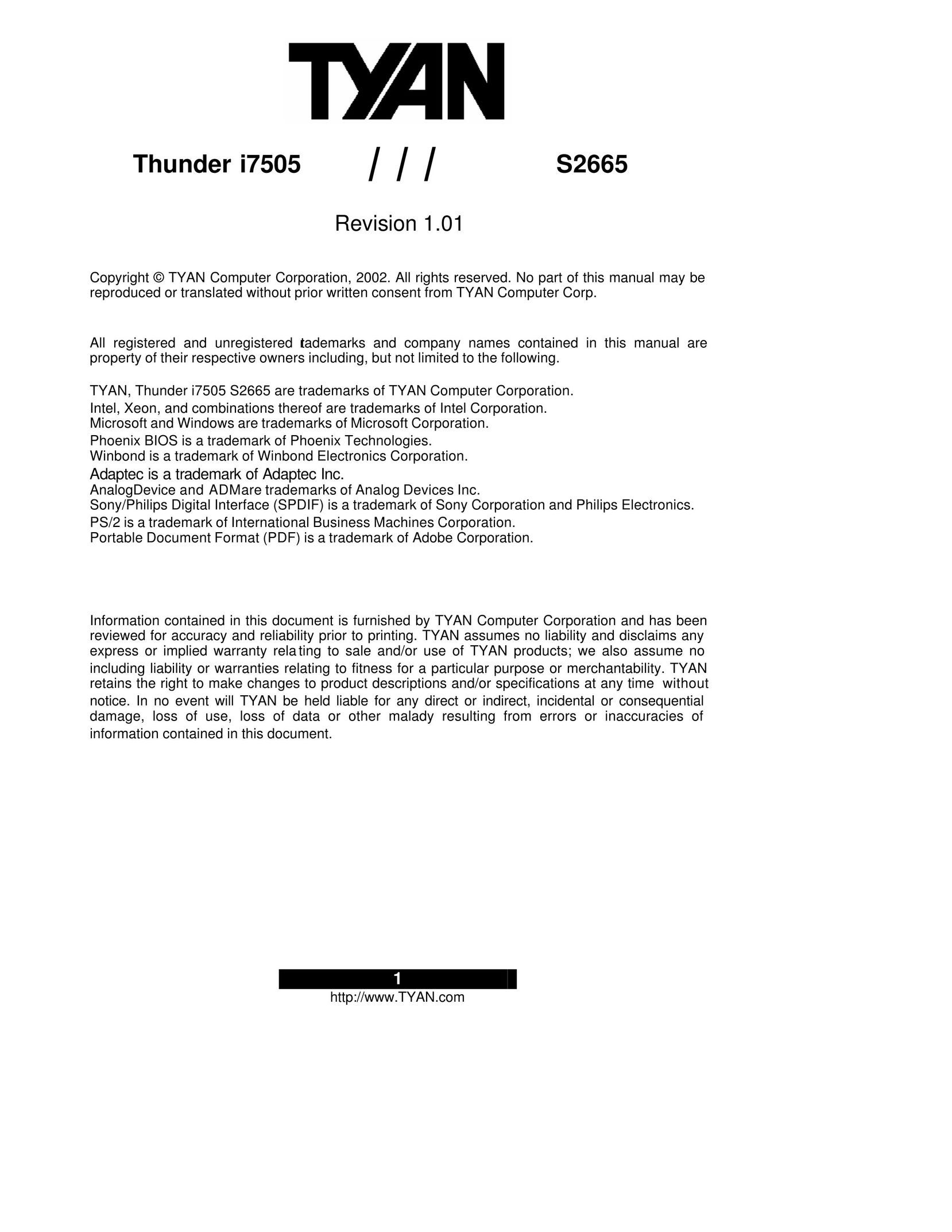 Tyan Computer Thunder i7505 Computer Hardware User Manual