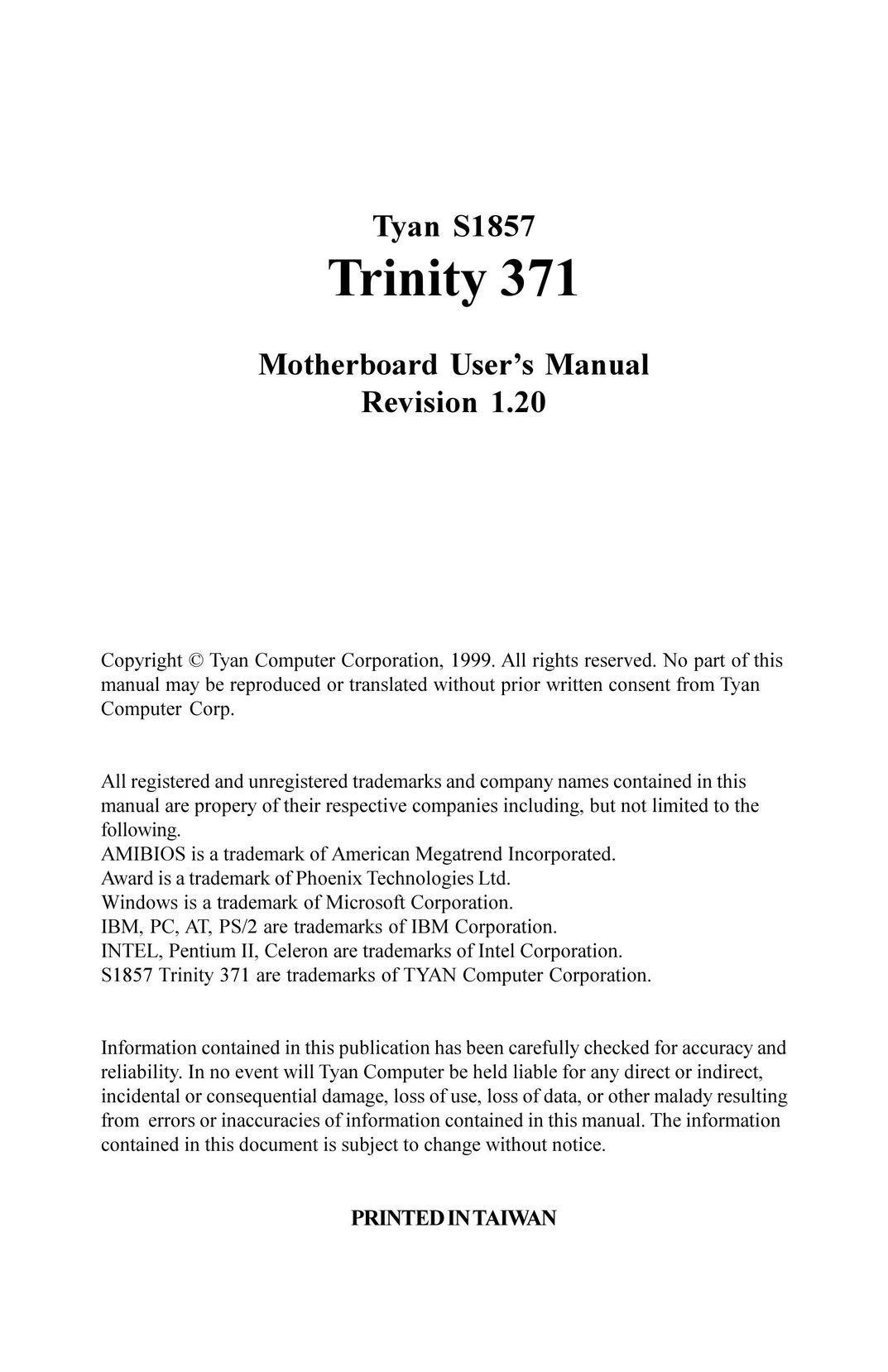 Tyan Computer Trinity 371 Motherboard Computer Hardware User Manual