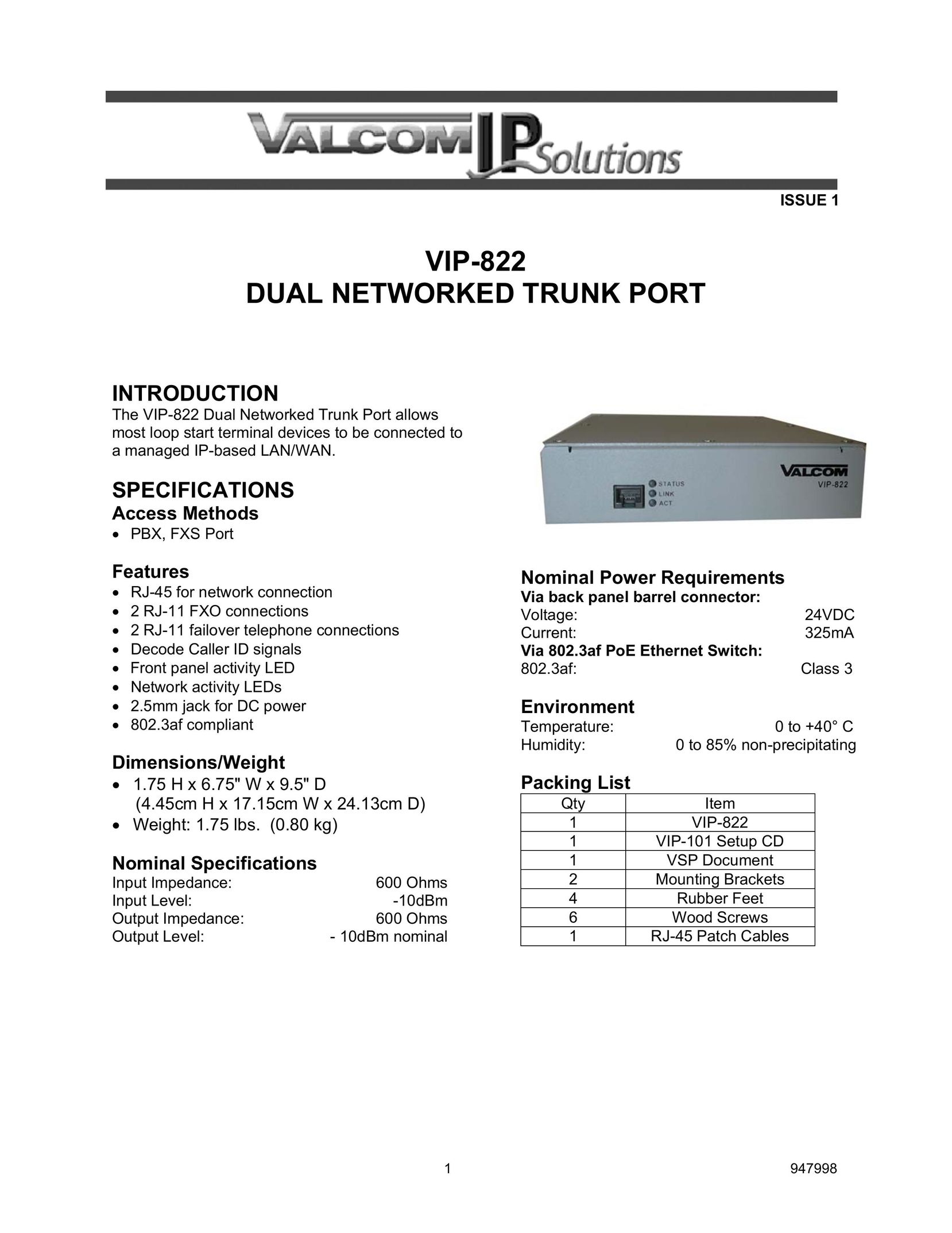Valcom VIP-822 Computer Hardware User Manual