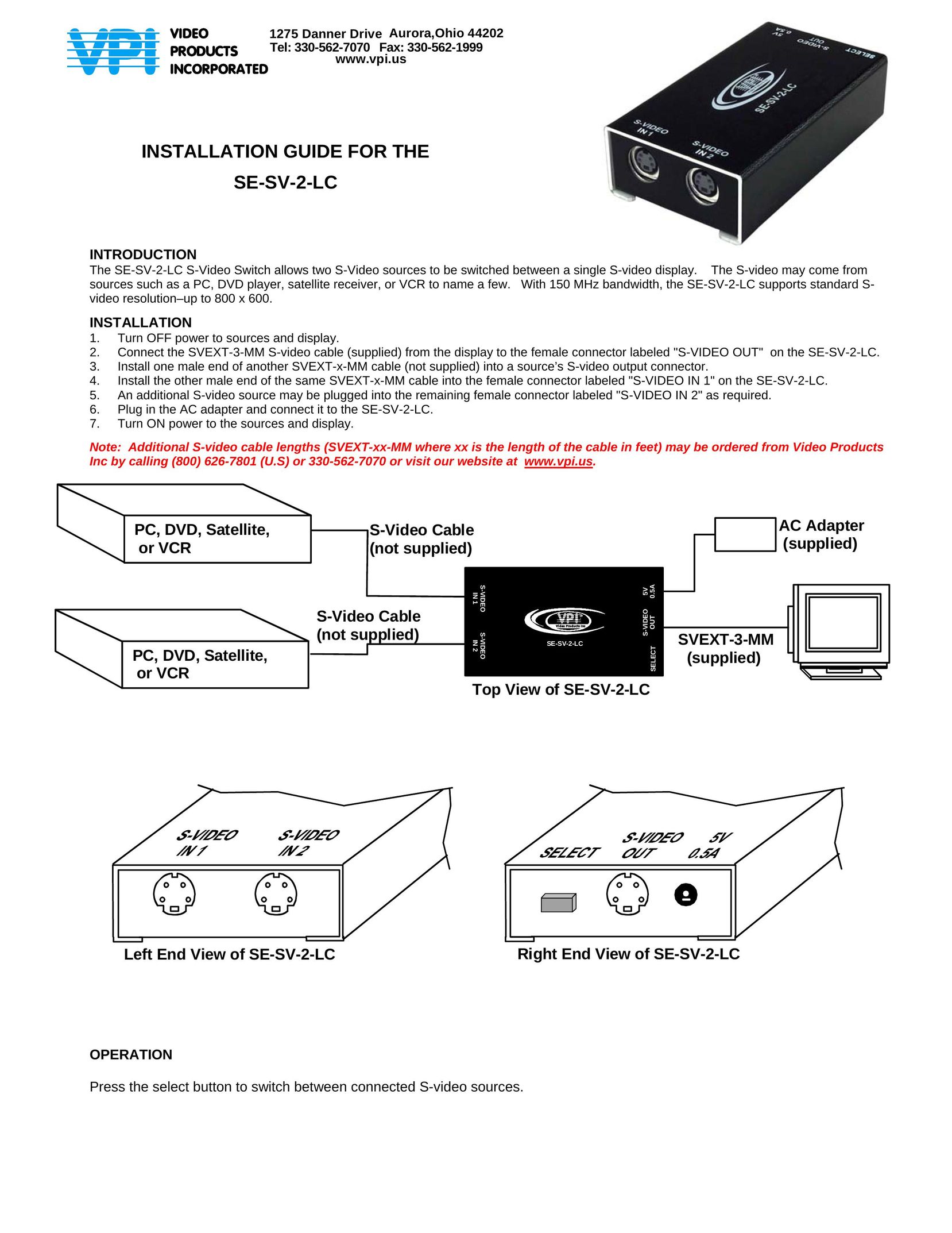 Video Products SE-SV-2-LC Computer Hardware User Manual