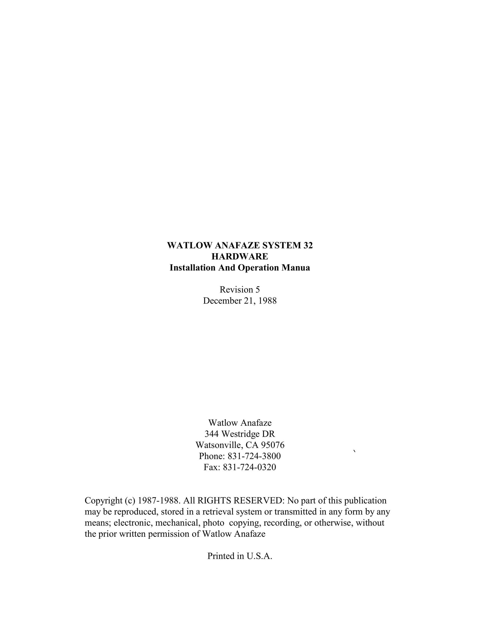 Watlow Electric Revision 5 Computer Hardware User Manual