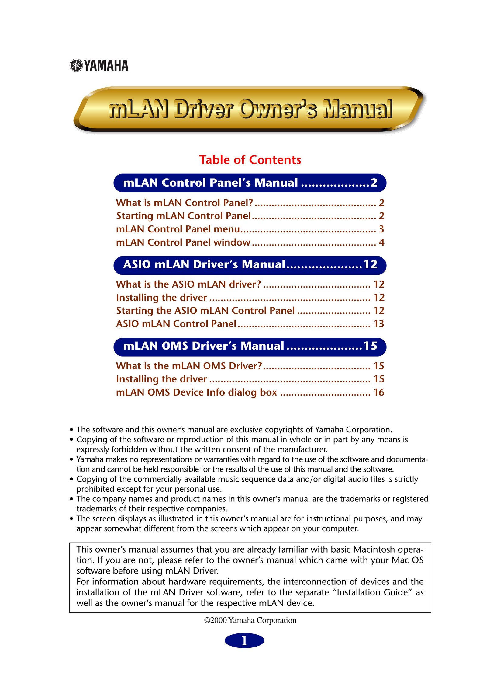 Yamaha mLAN Driver Computer Hardware User Manual