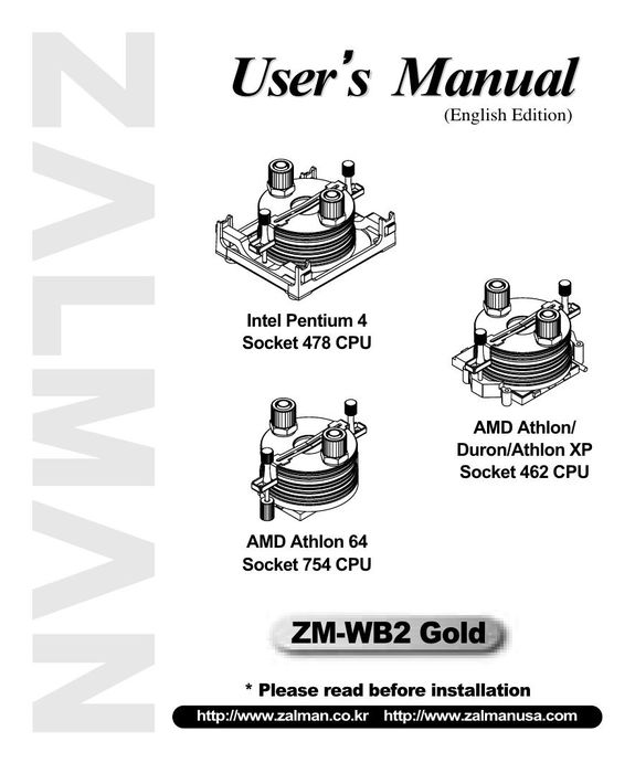 ZALMAN Socket 462 CPU Computer Hardware User Manual