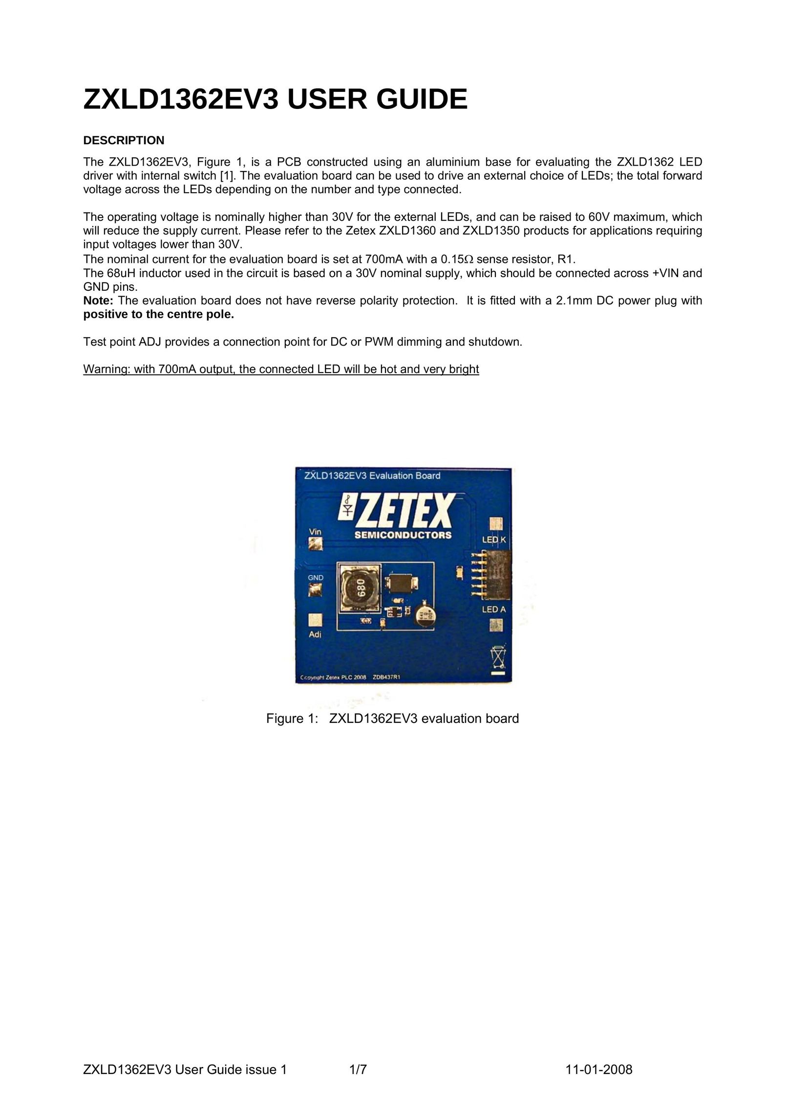 Zetex Semiconductors PLC ZXLD1362EV3 Computer Hardware User Manual