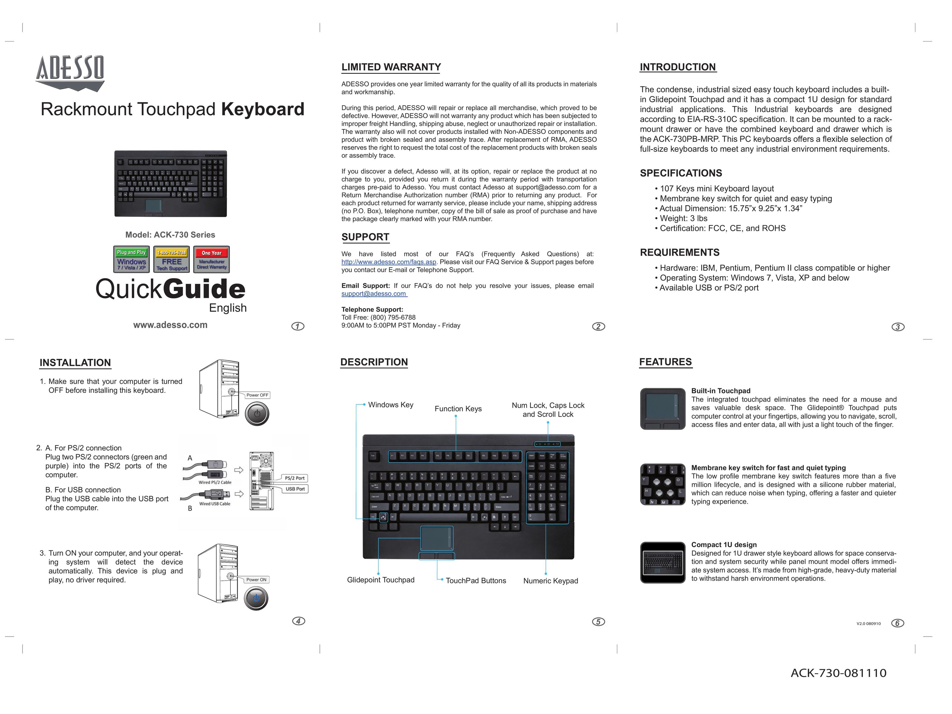 Adesso ACK-730 Computer Keyboard User Manual