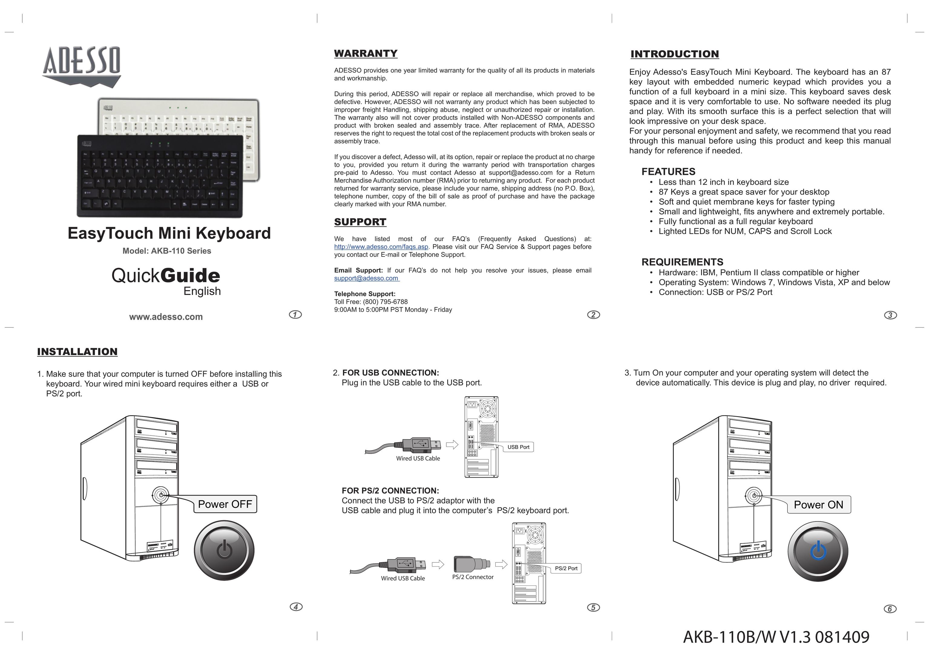 Adesso AKB-110 Computer Keyboard User Manual