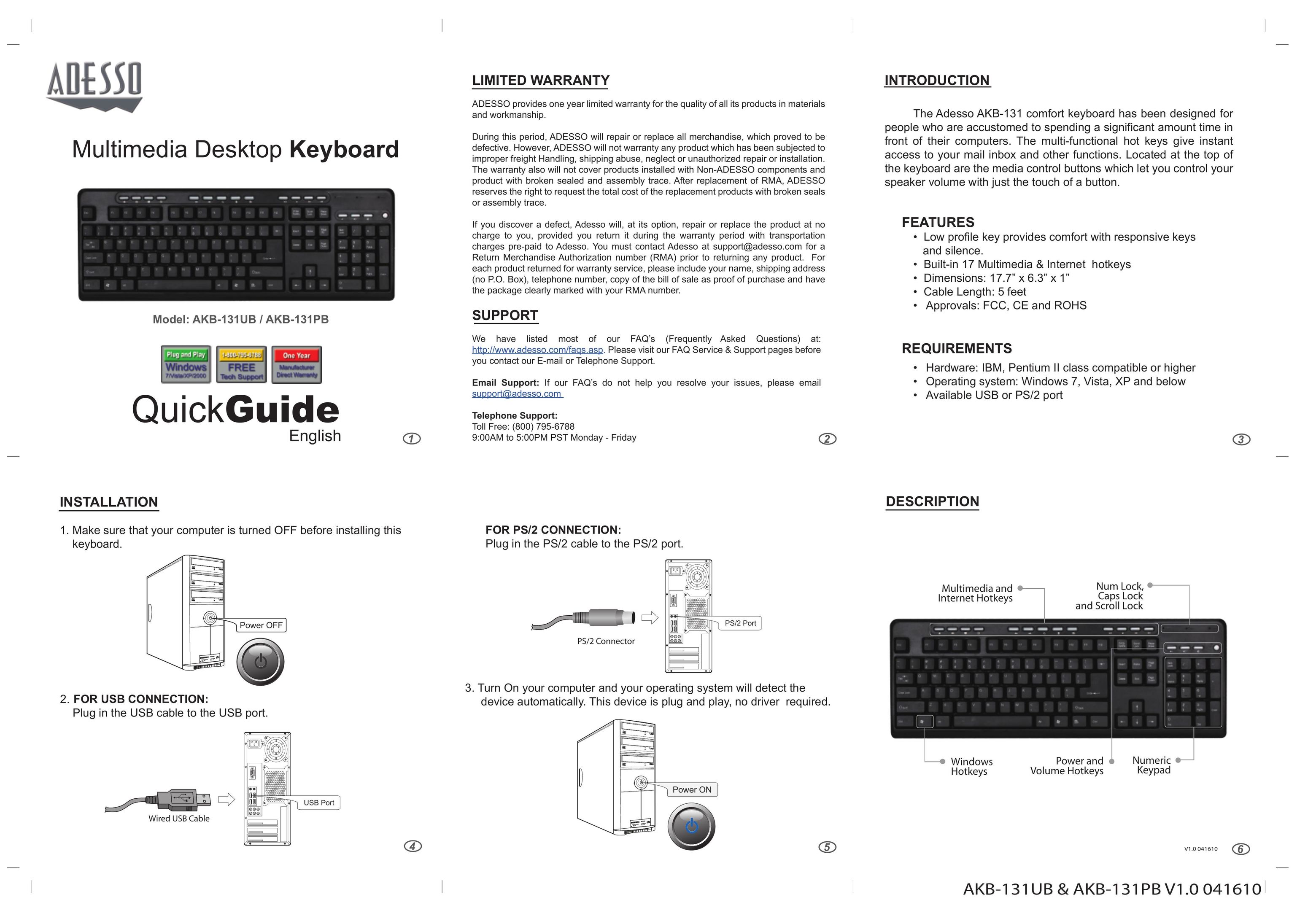 Adesso AKB-131UB Computer Keyboard User Manual