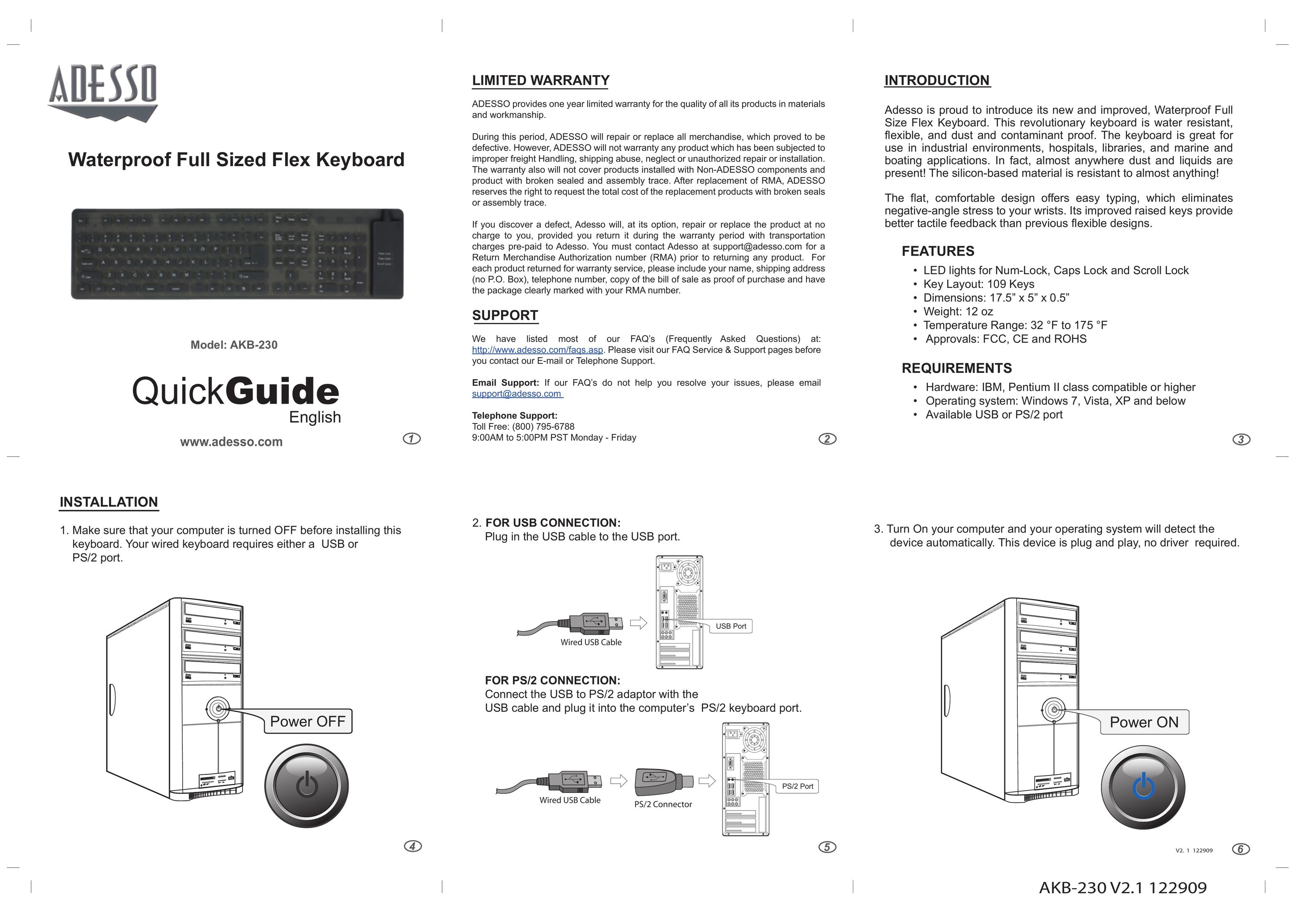 Adesso AKB-230 Computer Keyboard User Manual