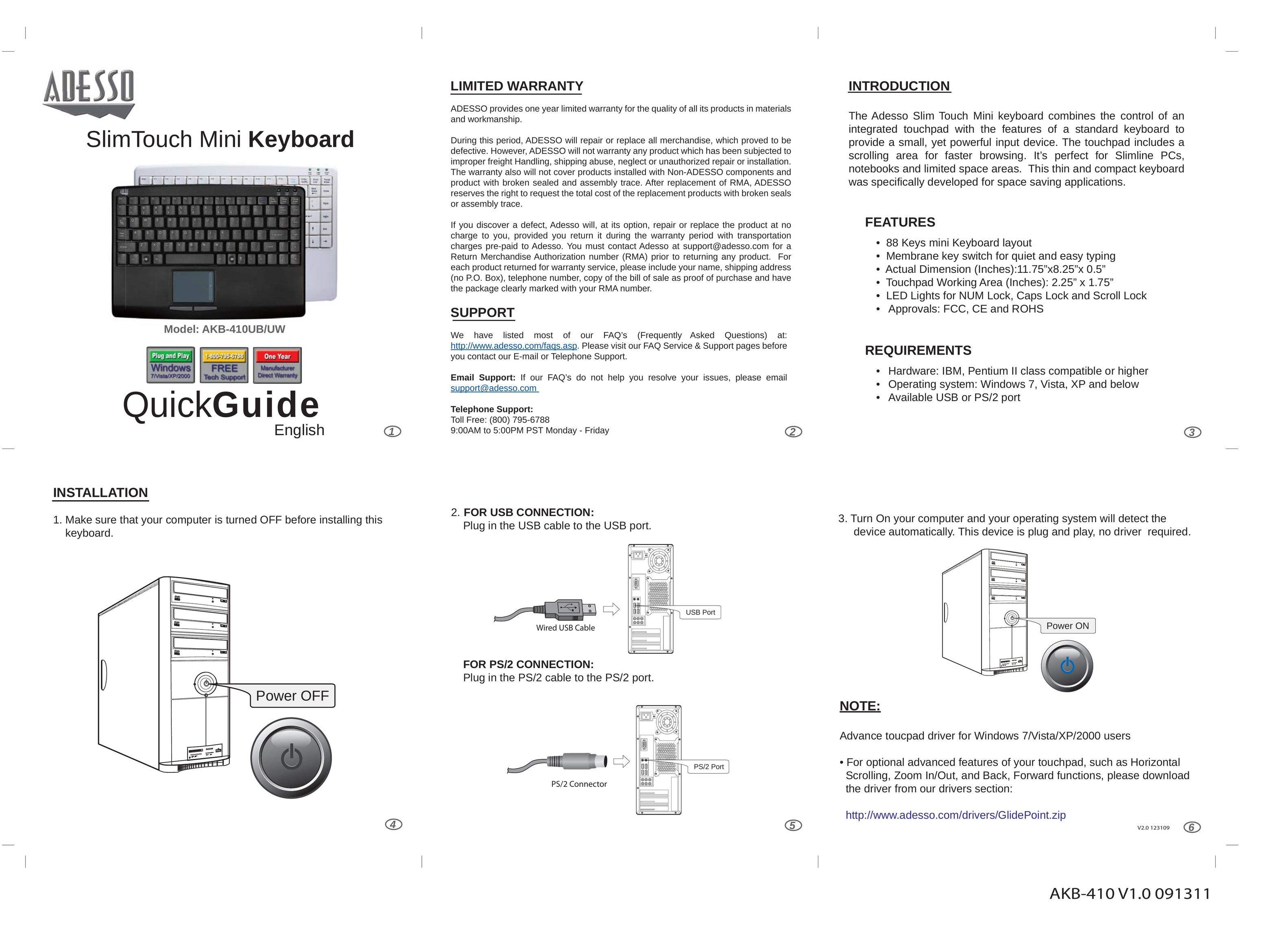 Adesso AKB-410UB/UW Computer Keyboard User Manual