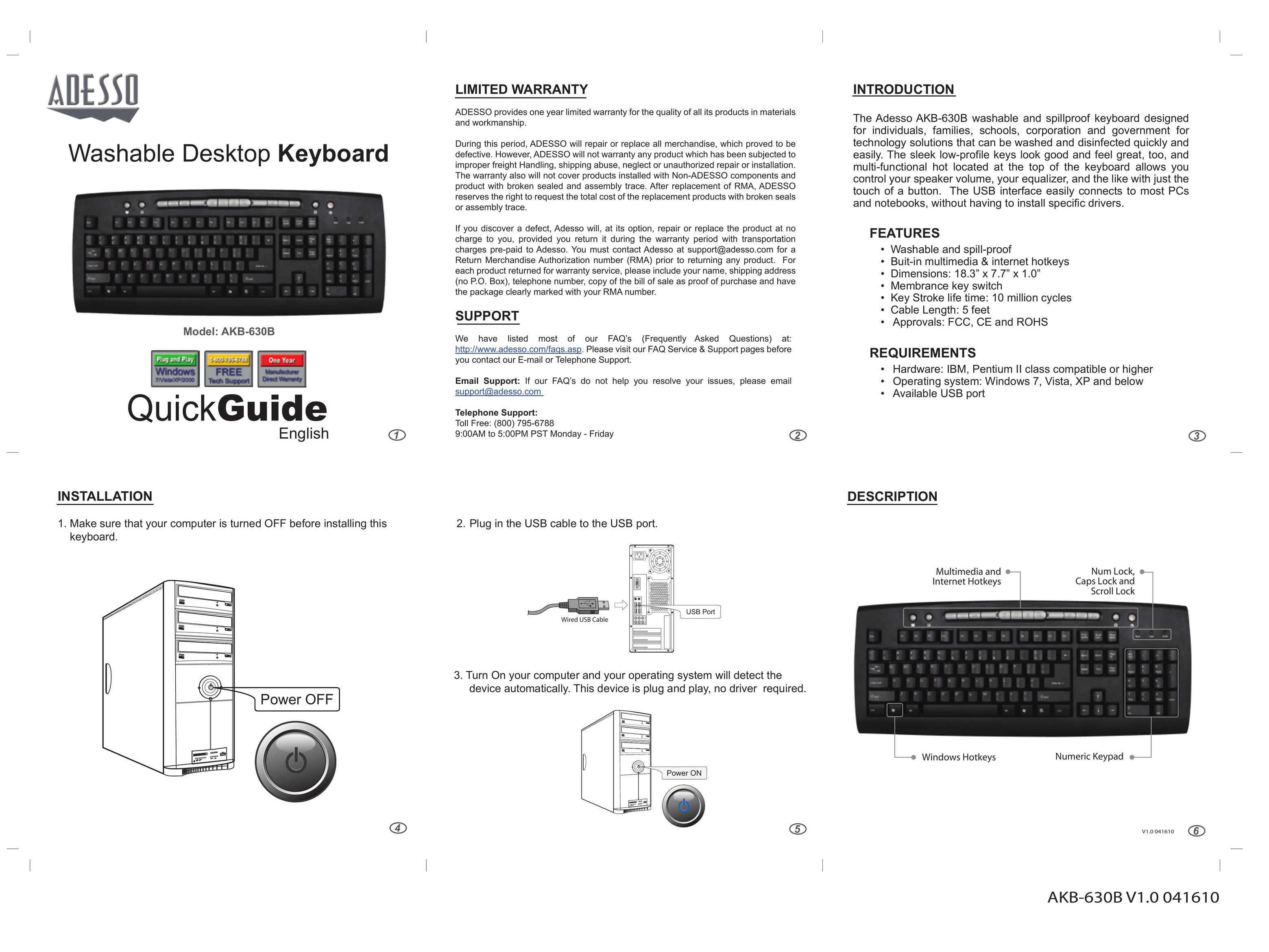 Adesso AKB-630B Computer Keyboard User Manual
