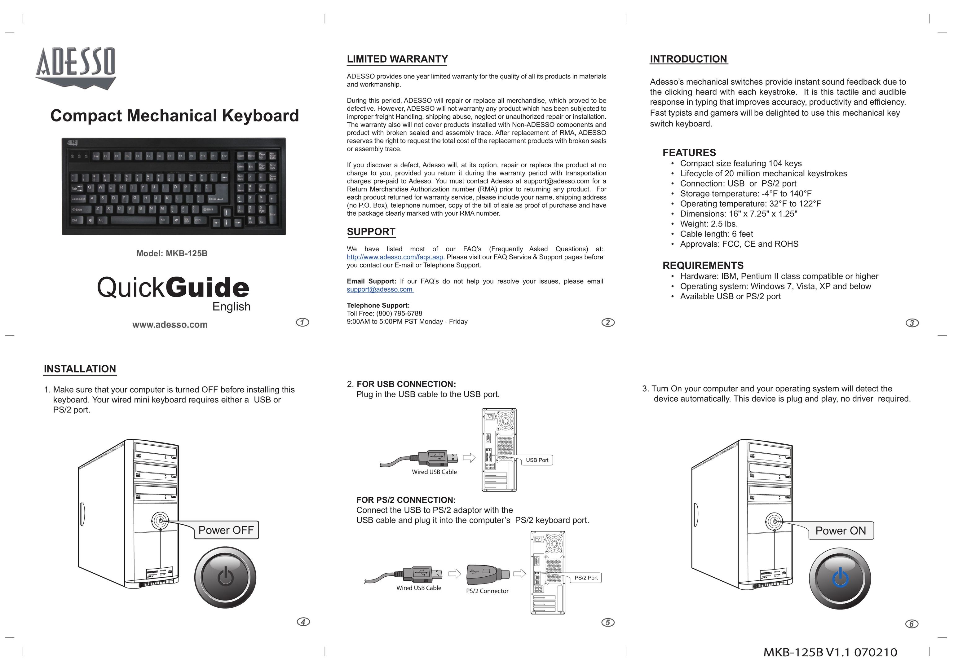 Adesso MKB-125B Computer Keyboard User Manual