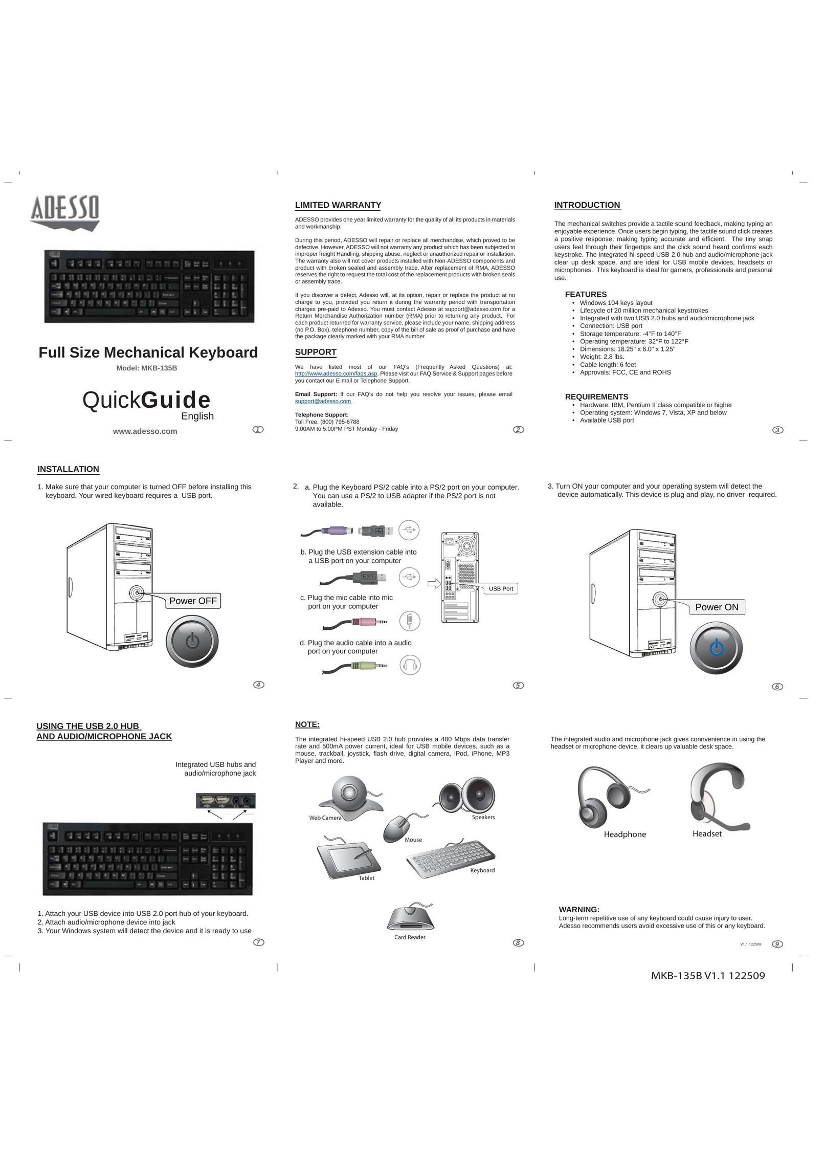 Adesso MKB-135B Computer Keyboard User Manual
