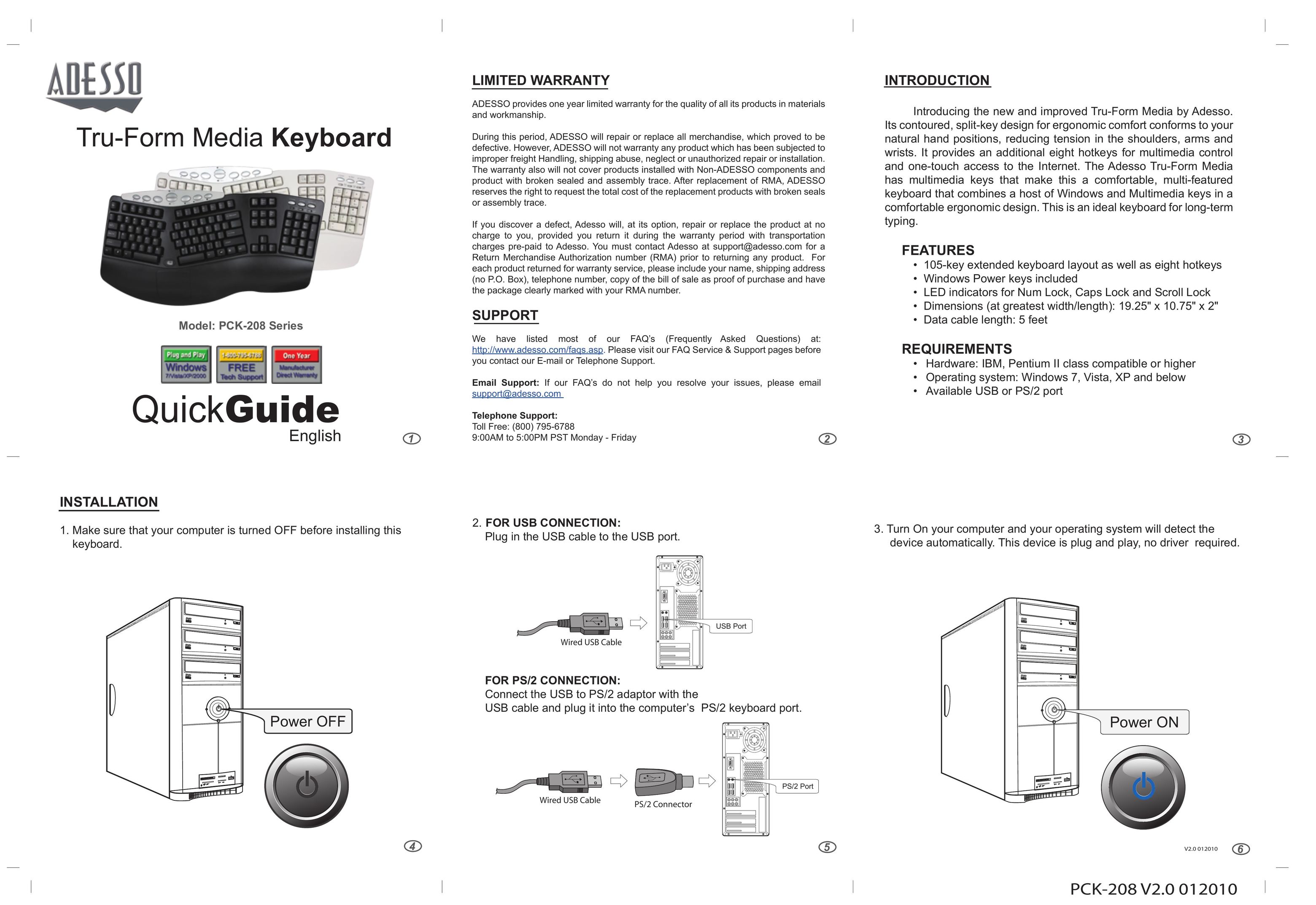 Adesso PCK-208 Computer Keyboard User Manual