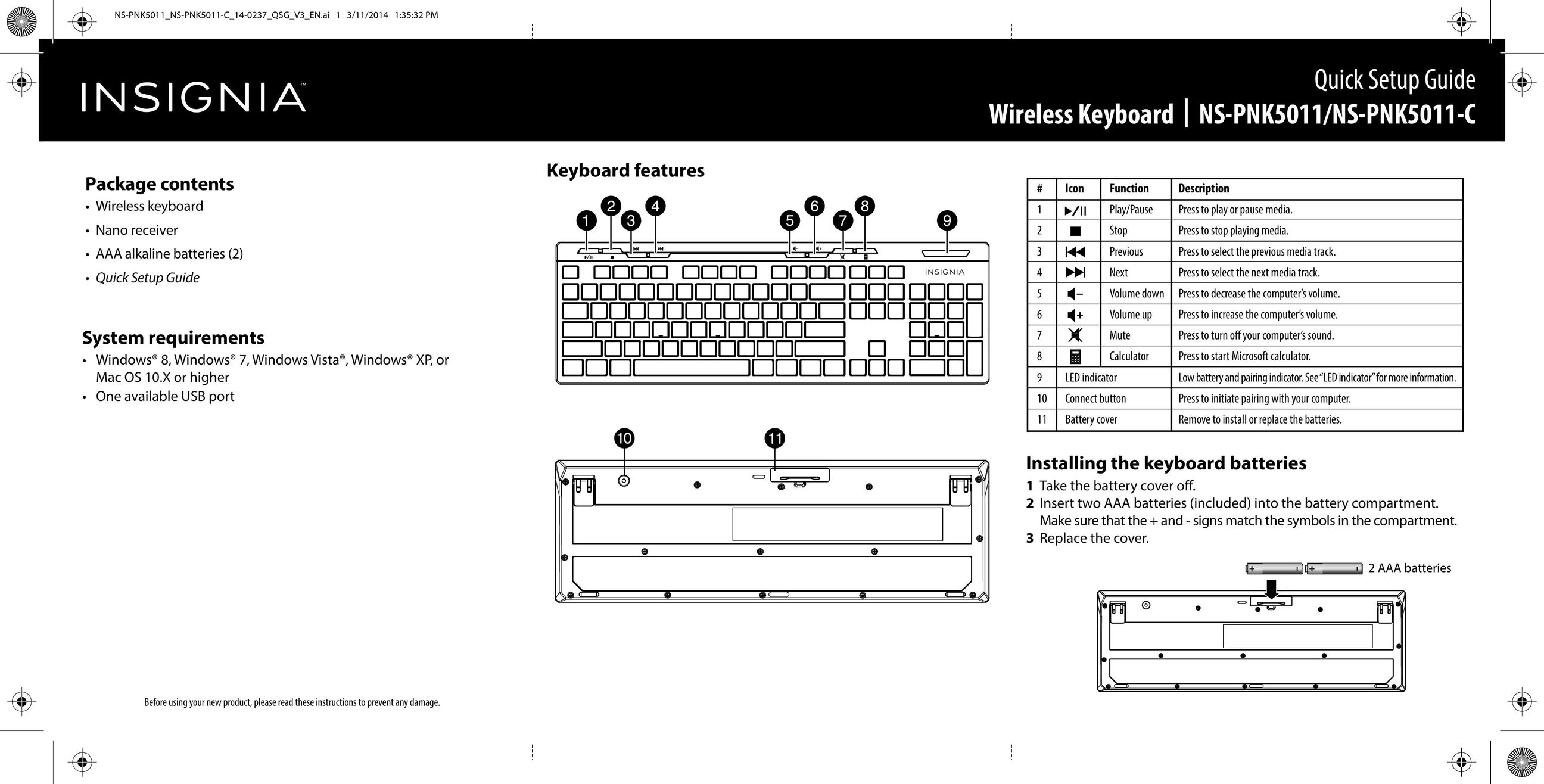 Insignia NS-PNK5011-C Computer Keyboard User Manual