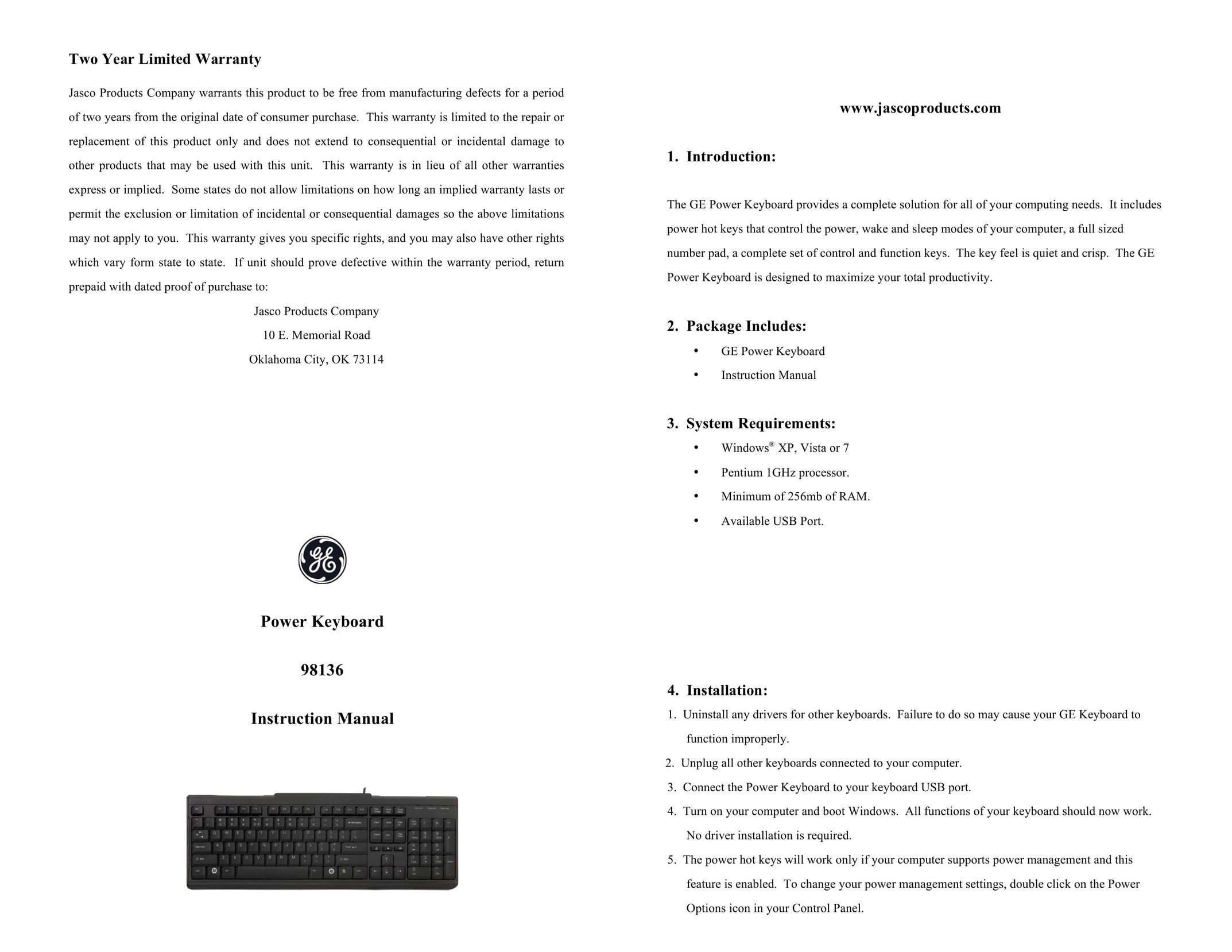 Jasco 98136 Computer Keyboard User Manual