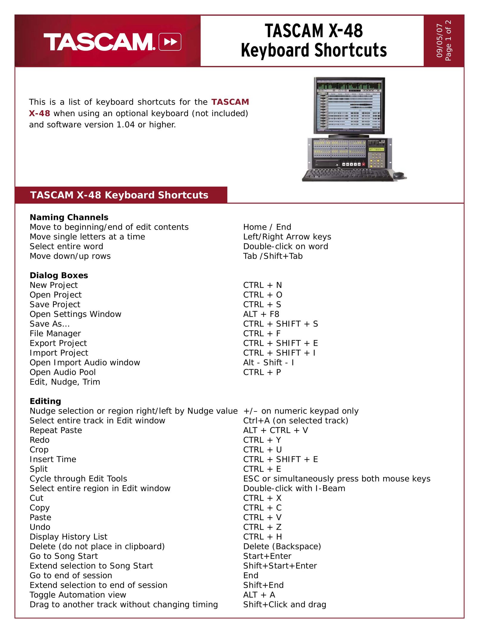Tascam X-48 Computer Keyboard User Manual
