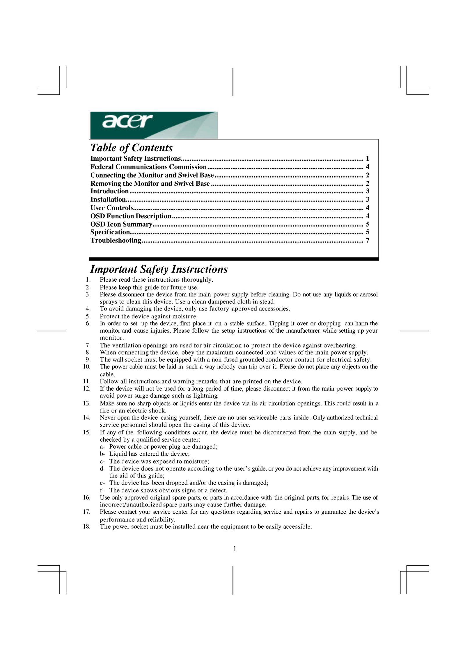 Acer AC 711 Computer Monitor User Manual