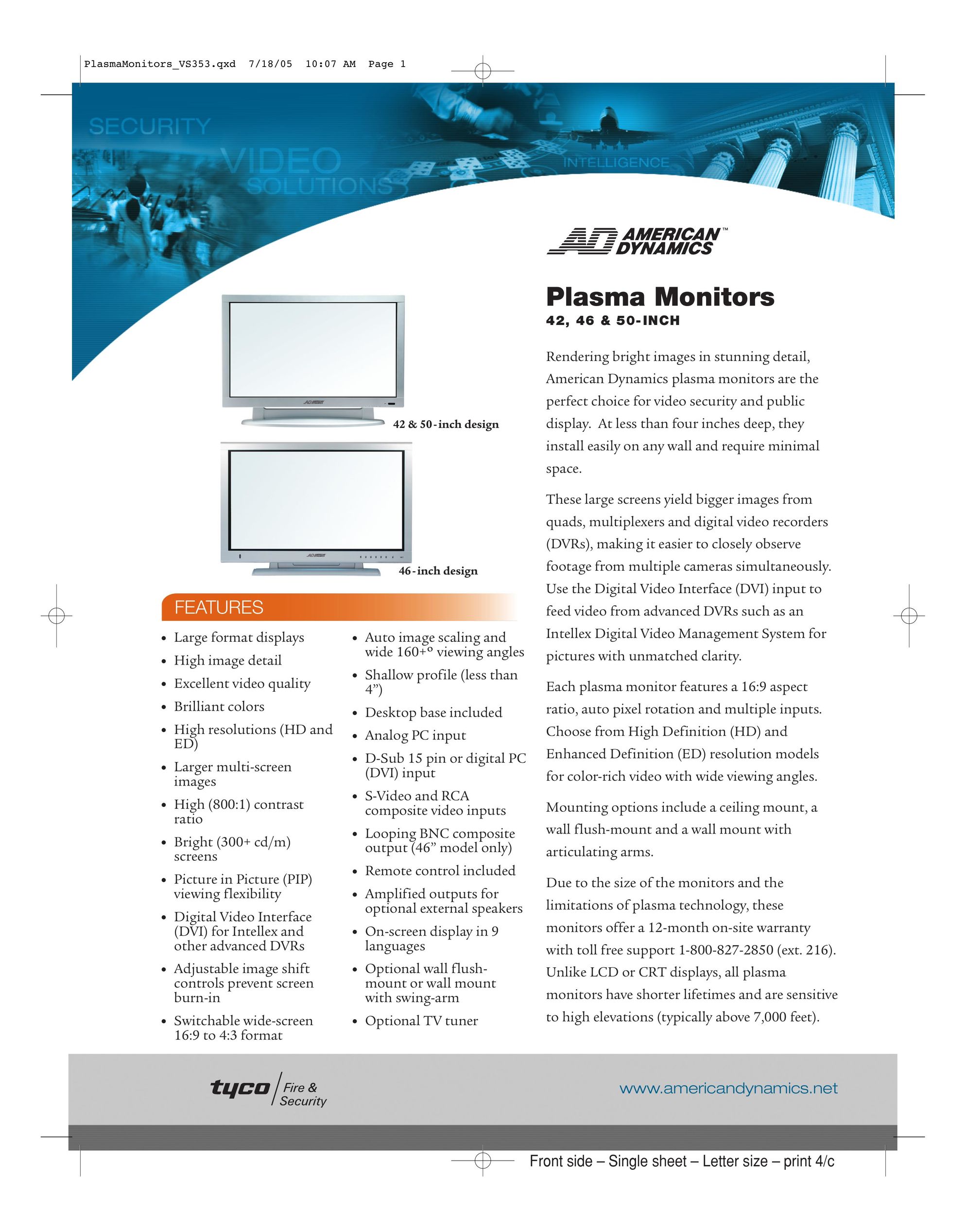 American Dynamics 46 and 50-inch Computer Monitor User Manual