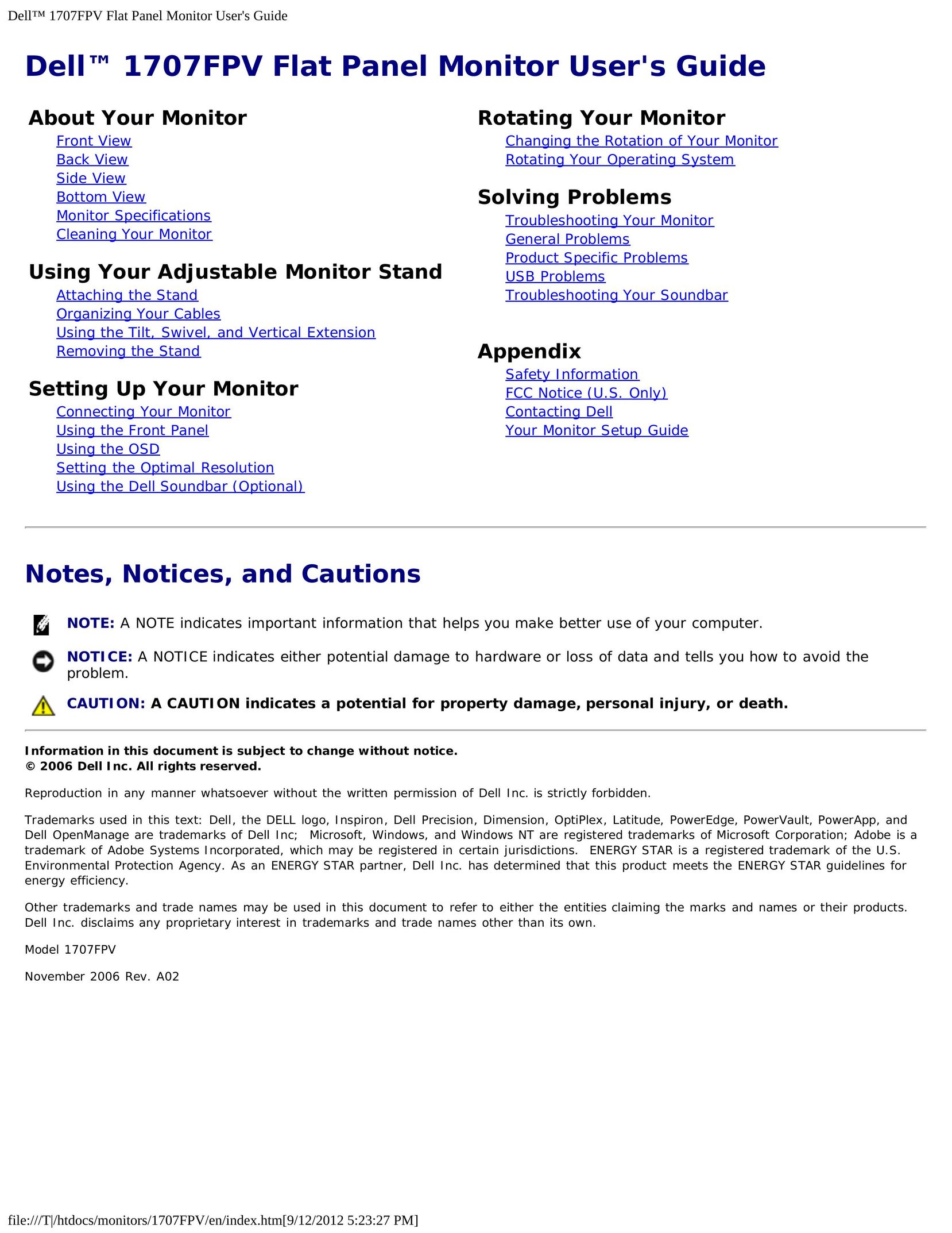 Dell 1707FPV Computer Monitor User Manual