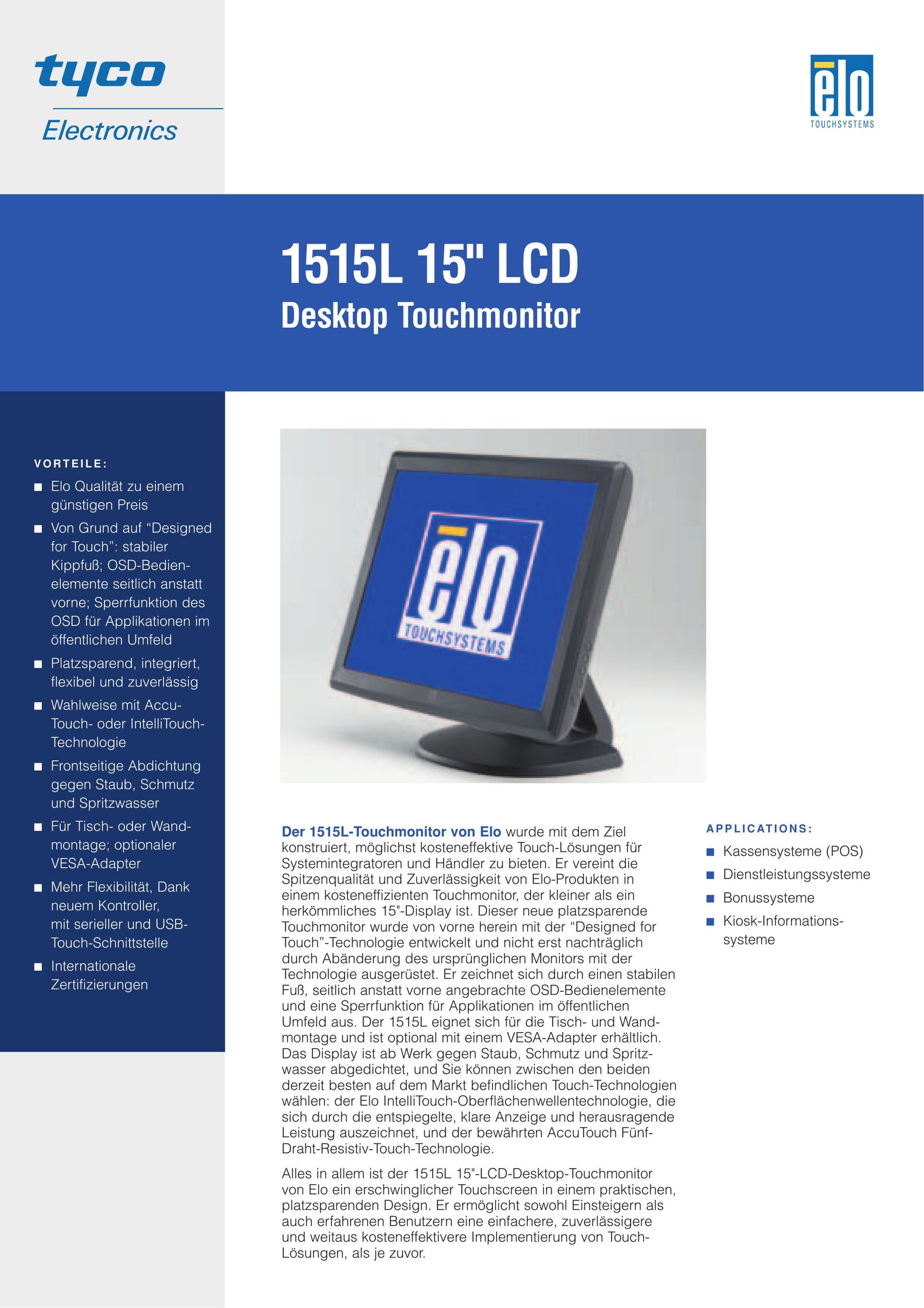 Elo TouchSystems 1515L Computer Monitor User Manual