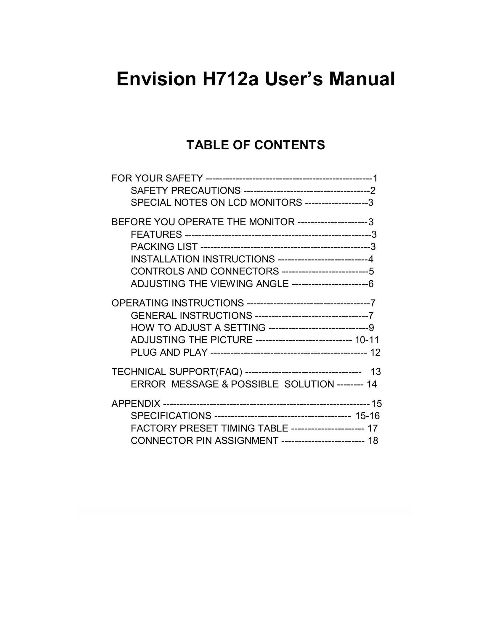 Envision Peripherals H712a Computer Monitor User Manual