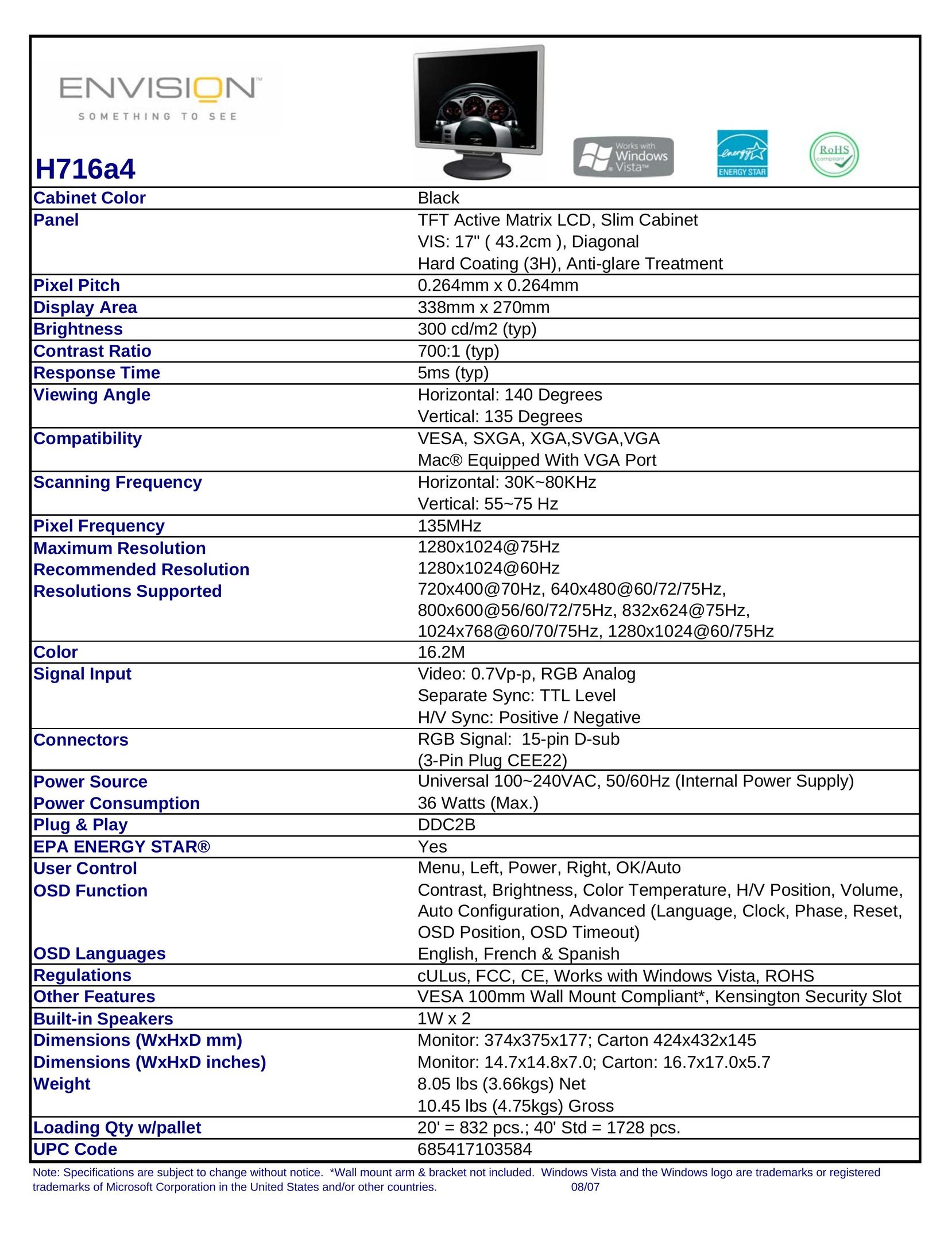 Envision Peripherals H716A4 Computer Monitor User Manual