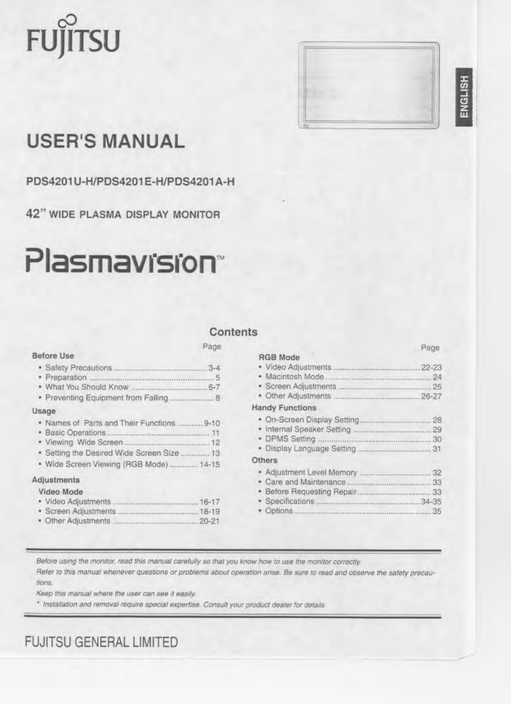 Fujitsu PLD-42U Computer Monitor User Manual
