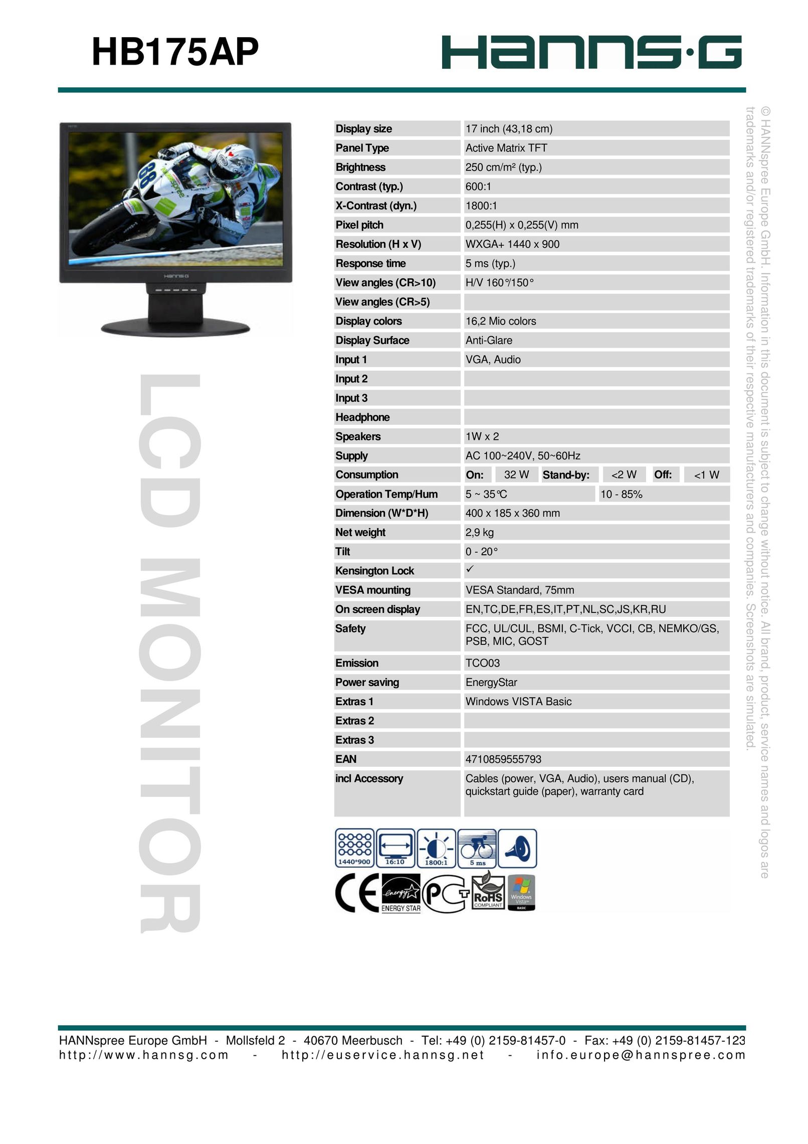 Hanns.G HB175AP Computer Monitor User Manual